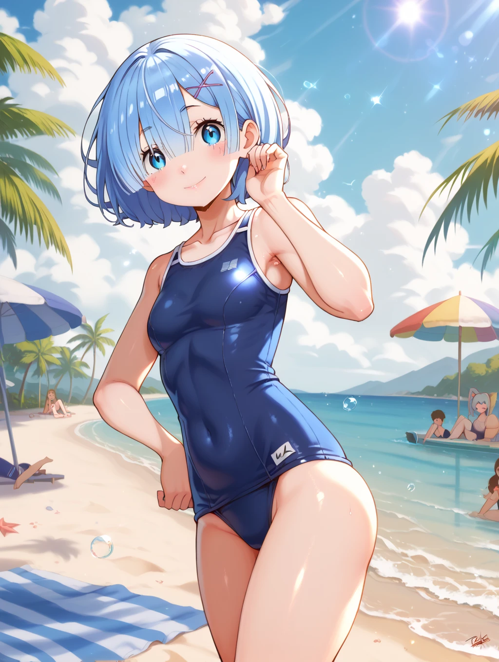 ((highest quality))、((8K))、((High resolution))、((masterpiece、Super detailed))、一人little girl、(height 140cmlittle girl)、((Looking at the camera from the front))、((photo from the knees up))、((standing))、beautiful and delicate blue eyes、beautiful smooth silver hair、Fluffy short hair、gentle and adorable big eyes、smile、((Perfect and beautiful fingertips))、A wearing a navy blue school swimsuit that bounces off sparkling water droplets、flat chest、(white stockings)
