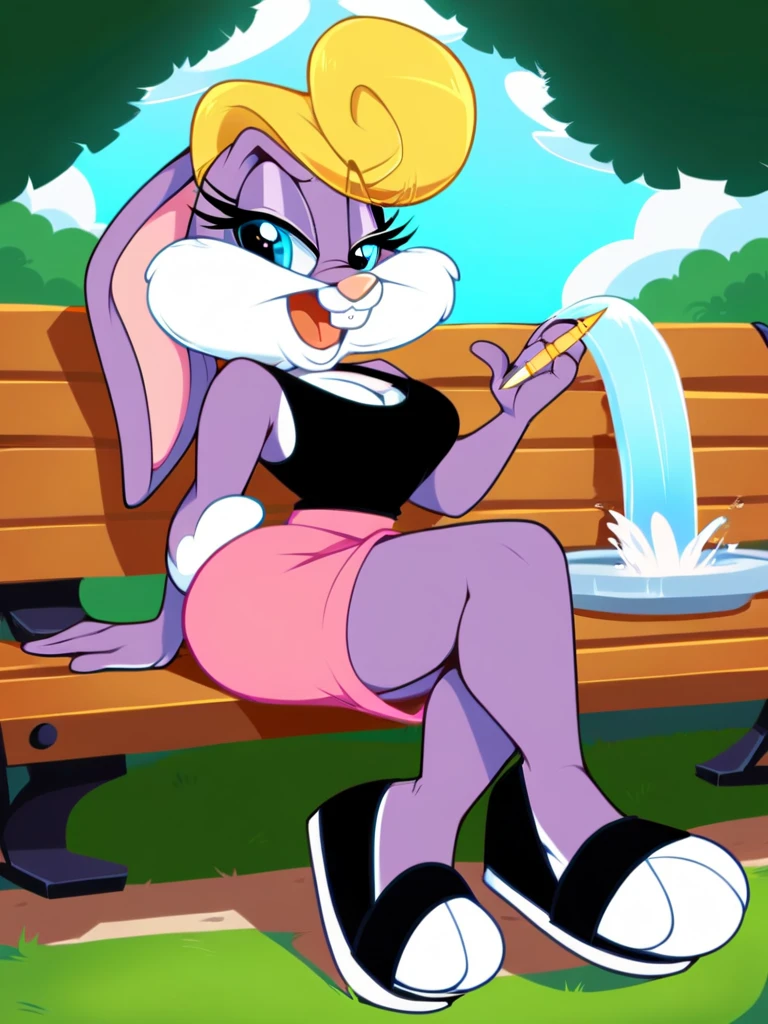 Lola bunny anthro, wearing black shorts, crossed legs, bored expression, in strip club thick thighs, eating String Cheese, sweating, 
