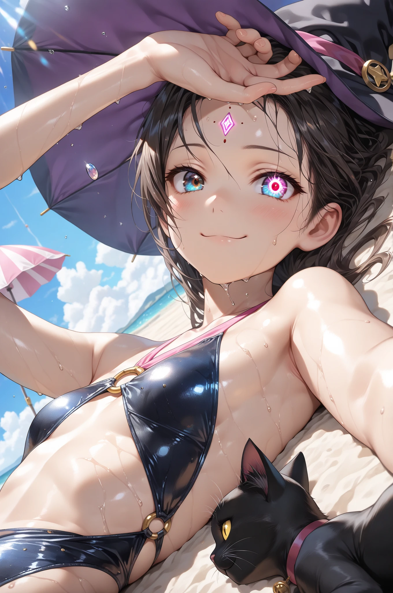 highest quality、Realistic、Women、13 years old、zoom、Chestnut Hair、Turquoise Eyes、short hair、Swimwear、smile、Ocean、Looking down、、Bust Shot、　