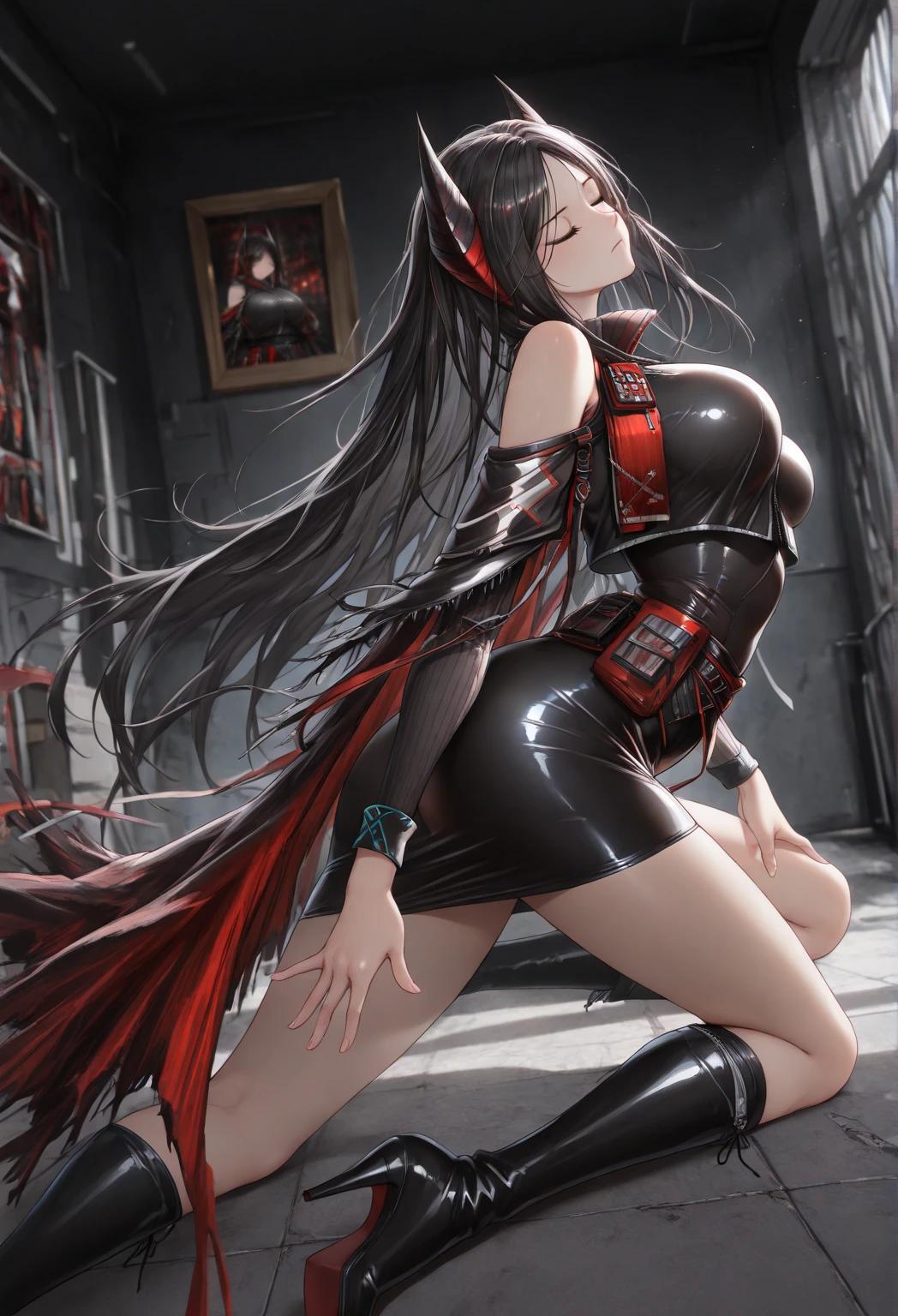 (Exquisite eyes),(Clear and beautiful eyes:1.61),masterpiece, 1 young girl,(Black clothes and some red gems), Black long hair, (She has a huge red gem on her chest), Good Hand,((The Havoc of StarCraft)),full-body shot,Fighting Stance,(Red Eyes:1.466)，short and small,(Very big breasts:1.35),(Pretty Face),(full-body shot:1.33),Beautiful hands