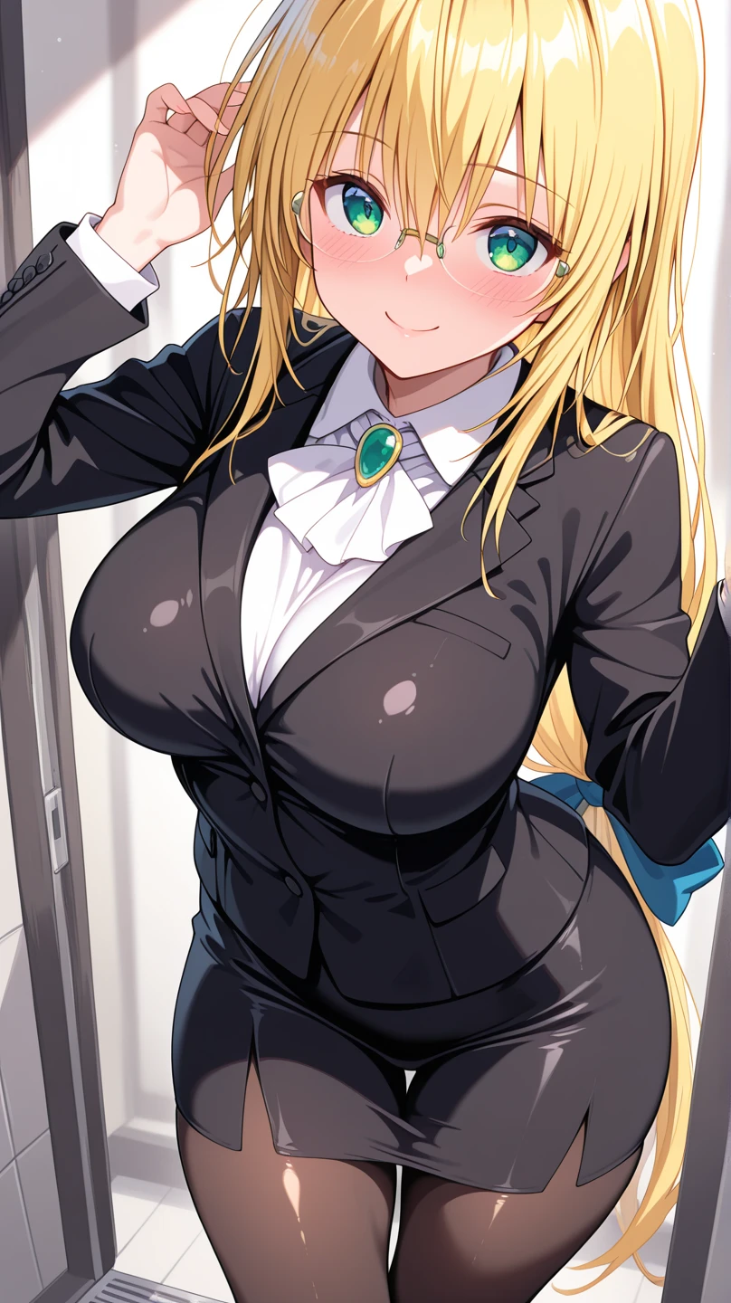 score_9, score_8_up, source_アニメ,Blonde,Blue Eyes,long hair,tall,very big breasts,sharp eye,((1girl)),shiny skin,Office Lady,Black latex,front open,Areola,Reverse Bunny Suit