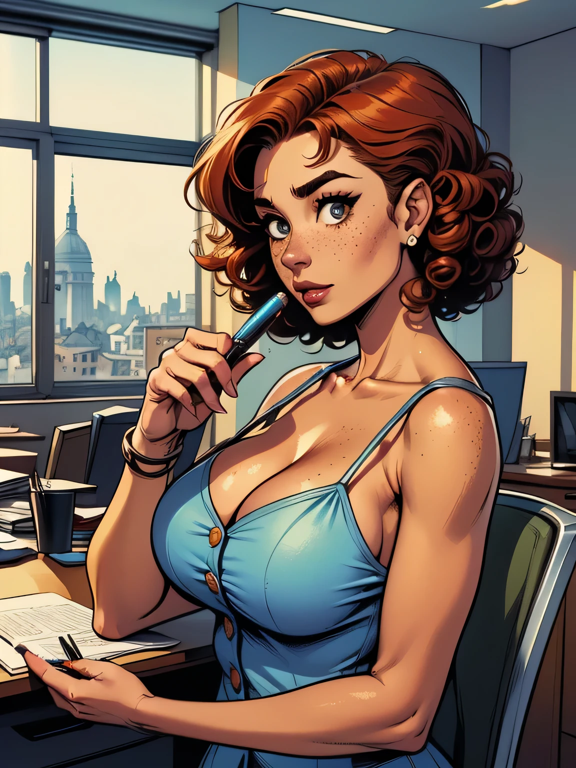 A beautiful curly-haired redhead with enormous breasts, freckles, and a tanned complexion, wearing a tight-fitting shirt, with thick thighs, in an urban cityscape, highly detailed, photorealistic, 8k, (best quality, 4k, 8k, highres, masterpiece:1.2), ultra-detailed, (realistic, photorealistic, photo-realistic:1.37), studio lighting, vivid colors, cinematic lighting, hyper-realistic, dynamic pose, intricate details, volumetric lighting, cinematic atmosphere, hyper-real, unreal engine, octane render, extremely detailed, extremely sharp focus, intricate details, beautiful, elegant, sensual, seductive, (portrait:1.2), (female:1.2)