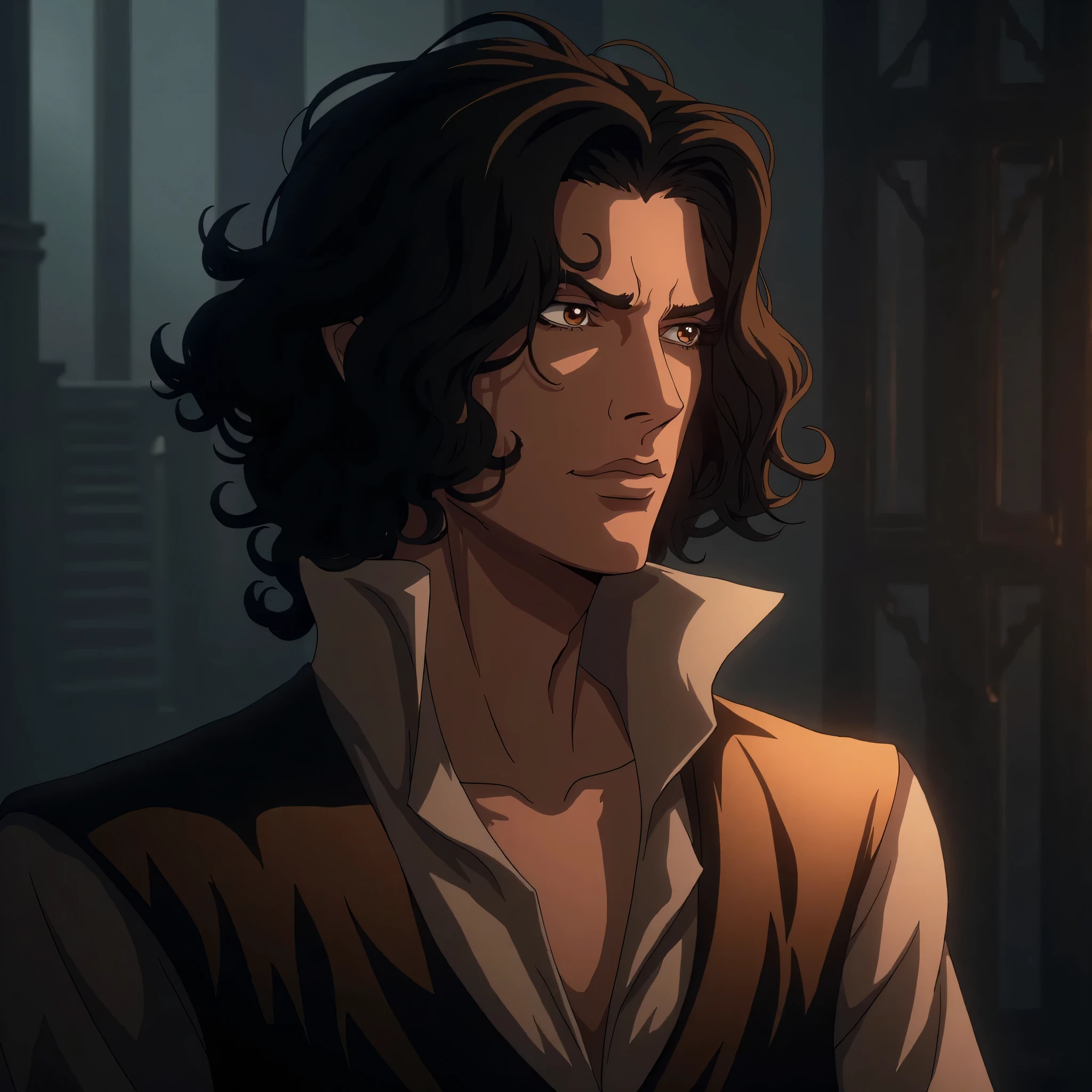 Young Leonardo da vinci in the castlevania nocturne netflix art style, castlevania netflix screenshot, scene from the anime, handsome pretty boy, dark hair and dark eyes, wearing a 1792 french revolution style shirt, slightly unbuttoned, masterpiece, very detailed, 8k, detailed hair and eyes, young, androgynous, pretty, curly hair, clean shaven face, vampire