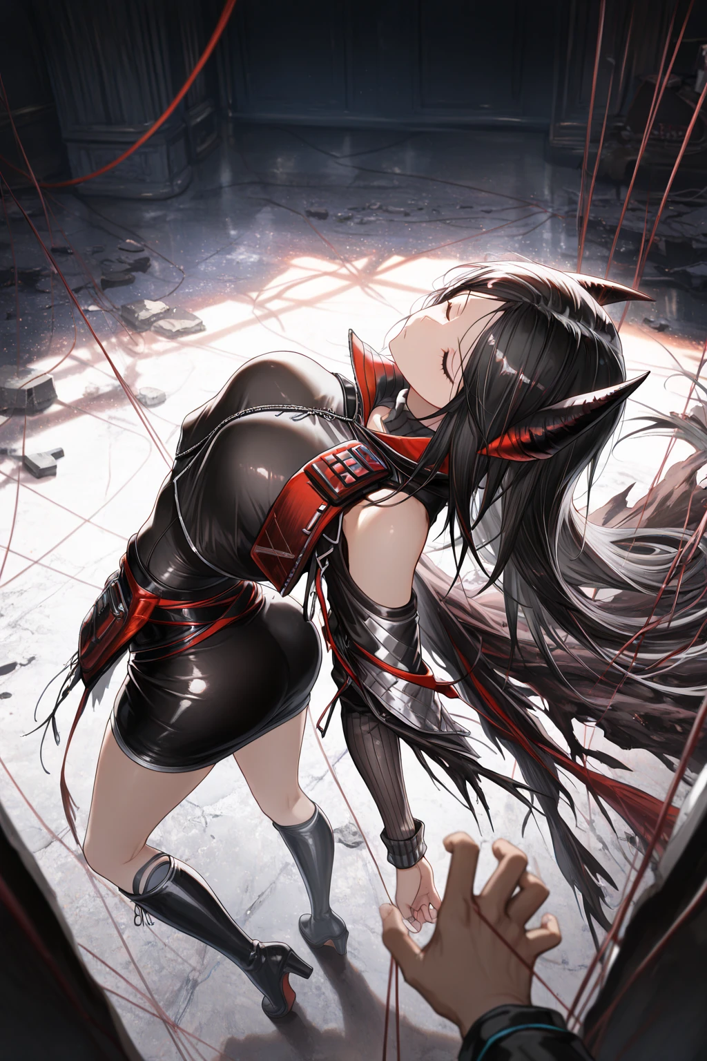 a girl,crawling on all fours, Sheep's horn, full color, long white hair, Red Eyes ,Eyeliner, , Turn your hips, immerse in water, black transparent clothes, Red, open air, Rose, night, ruins, Butterfly,back view,big asutt close-up