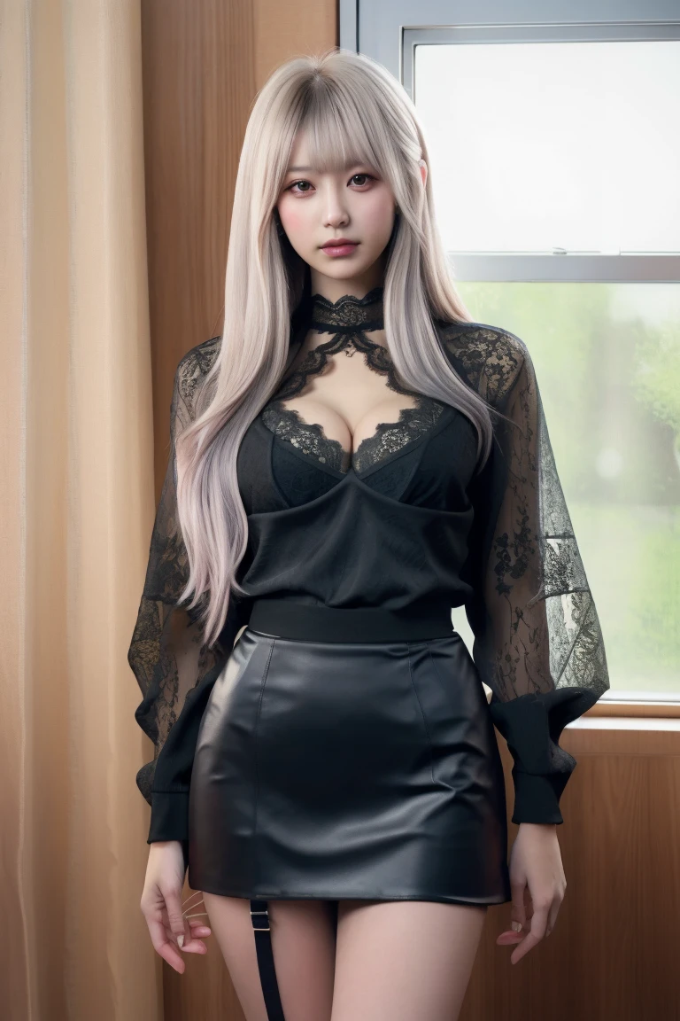 (RAW photo, best quality), (realistic, photo-realistic:1.3), masterpiece, extremely delicate, extremely detailed, CG, unity , 2k wallpaper, amazing, fine detail, light smile, extremely CG unity 8k wallpaper , huge file size, super detailed, highres, ridiculous, soft light, (((short hair: 1.3), short bangs, silver hair, flowing novafrogstyle)), pretty detail girl, finger detail, eyes and face extremely detailed, beautiful and delicate nose, beautiful and delicate eyes, long eyelashes, shallow face, looking at the audience, (shut up: 1.2), 1girl, cute, young, mature face, (full body: 1.3), (medium breasts), realistic face, realistic body, beautiful detailed thigh, (ulzzang-6500-v1.1:0.8), suit, crossover lace clothes, collared shirt, open clothes, in the office, detailed office, cardigan, black stockings, mini skirt, black underwear, open button shirt,