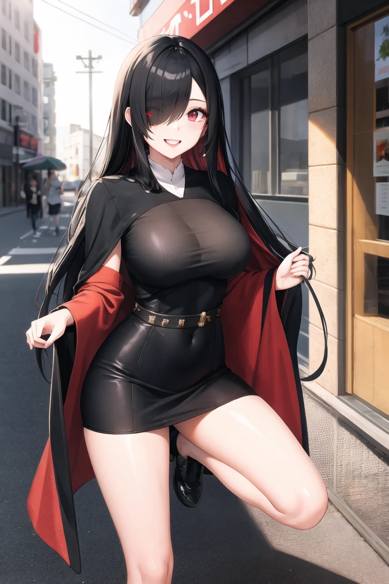 ((2 nakad adult woman walking)),(long black hair, smile)),((hairy pussy, very big pussy piercing, chest piercing)), ((big breasts)), Belt on thigh,walking down the street during the day,