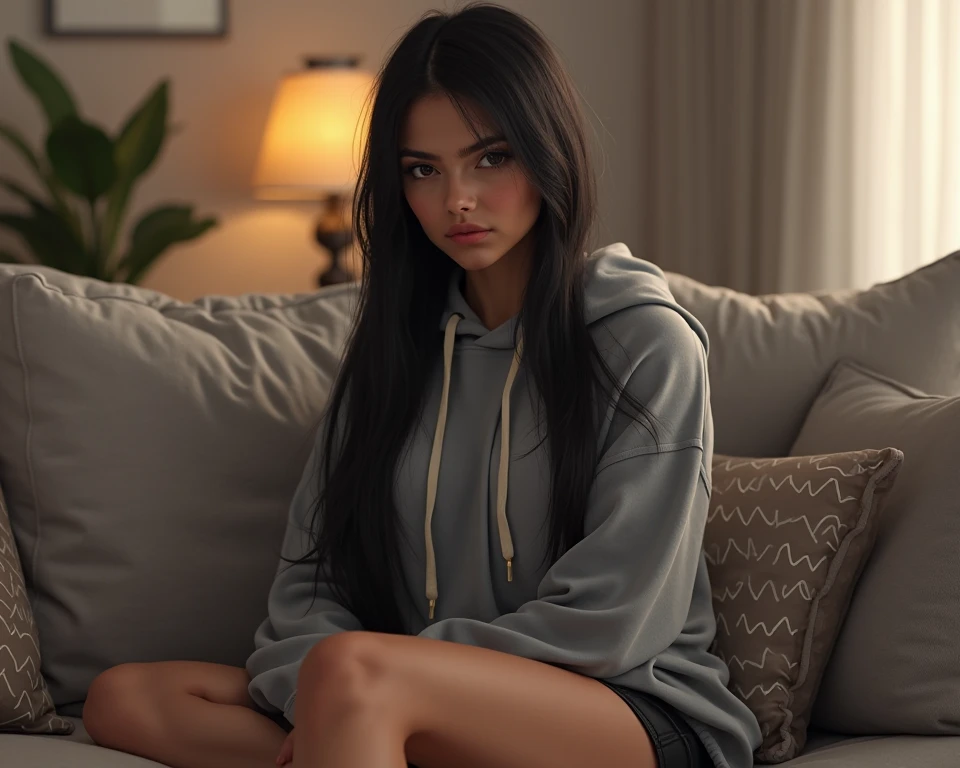 One woman of about 20 years old, black long hair, body measurement 36-25-36, height 5'7", Hazel eyes, wearing hoodie , sitting on a couch with a book in her hand, instagram model, restaurant scene, sleepy mood, relaxing, calm lighting, Full Body full height Shooting, Masterpiece, RAW Photography, 8k, Top Quality, Fine Pore, Photorealistic, Ultra Detailed, (high skin detail:1.2),Extremely detailed,Intricate, sharp-focus