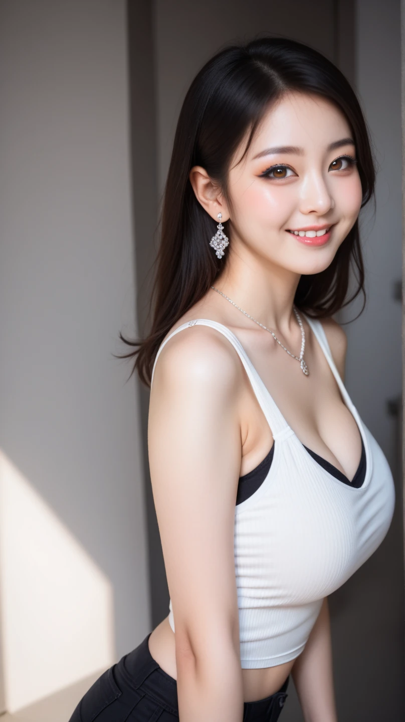 Tabletop, highest quality, figure, Very detailed, In detail, High resolution, 8k wallpaper, Perfect dynamic composition, Beautiful fine details, white swimsuit , beautiful woman, big breasts , blue sky, outdoors ,pool ,Medium Hair, Center of chest, Natural color lip, Random sexy poses,smile, Pūru、20-year-old girl、Shoulderless knit(Shui Color)、Slid、Choker with chain、I keep my hair tied
