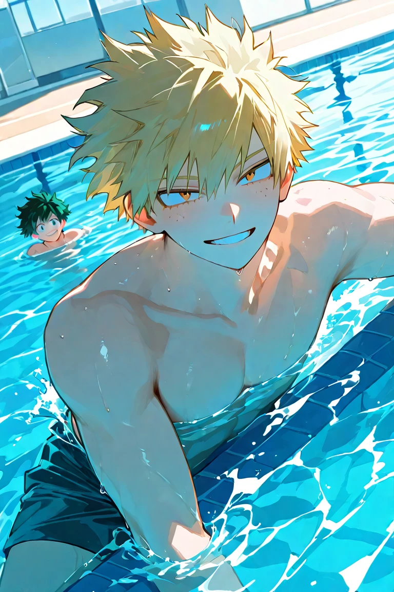 2 athletic boys, "katsuki bakugou (man, blonde hair) and izuku midoriya (man, green hair)" sunbathing in a large pool, on top of some pink flamingo-shaped floaties, in thongs
