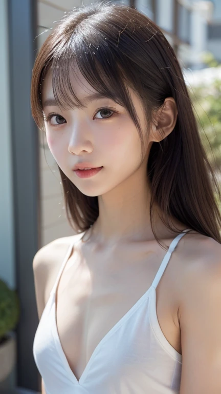 8k, Highest quality, masterpiece, Ultra-high resolution, (Realistic:1.4), RAW Photos, (Film Grain:1.3), one person's, Portrait of a thin Japanese woman, 22 years old, Stand on the beach, Cute Face, Detailed face, Detailed eyes, {short|length} hair, correct body anatomy, Wearing a swimsuit, Photo engraving、smile