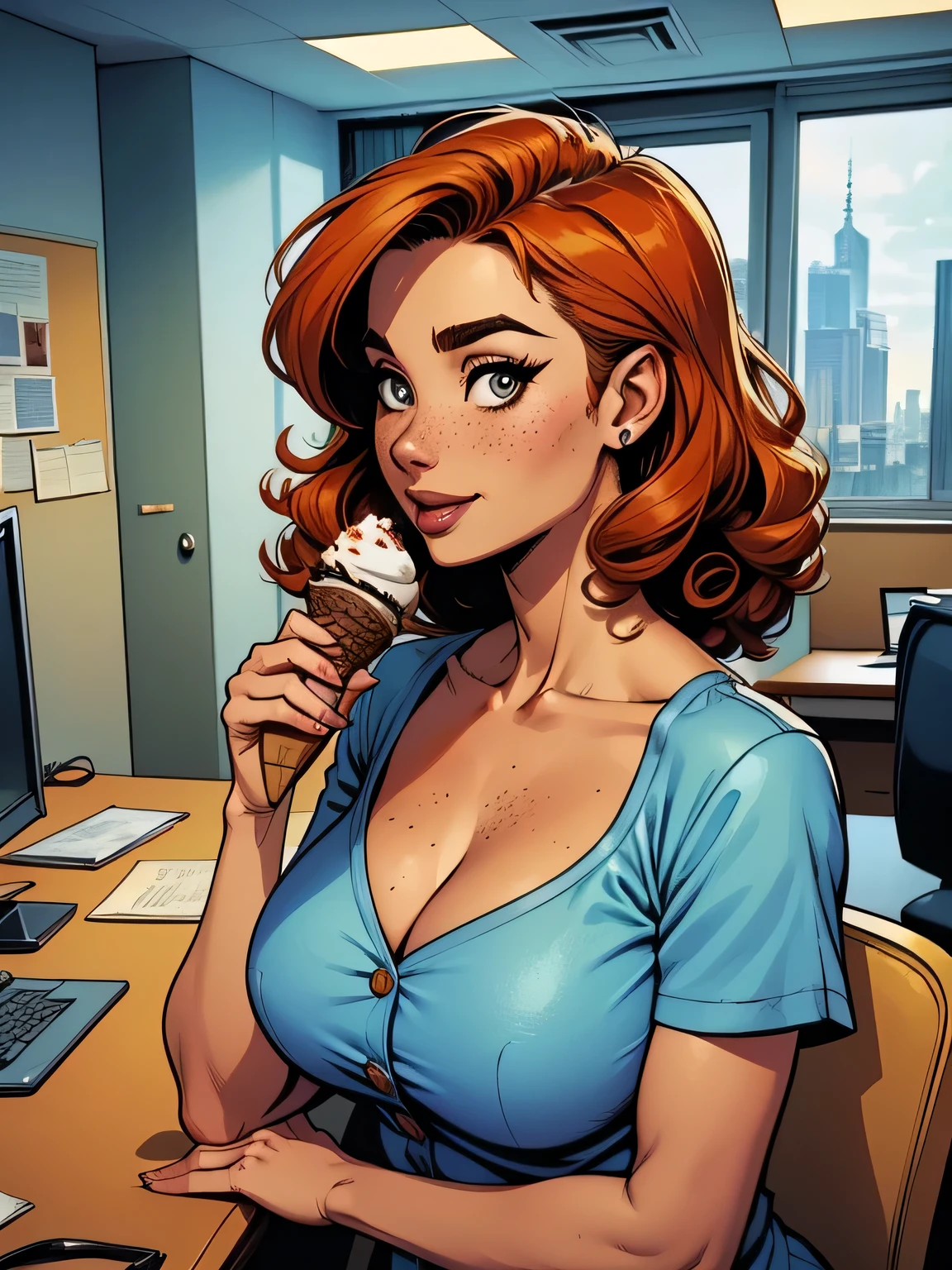 Woman brunette,red hair and pigtails,elegant turquoise dress. sucking a lollypop,attractive,busty. Comic style