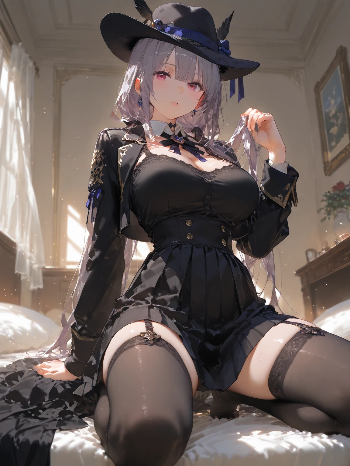 (extraordinary、Best-aesthetic、new、newest、best qualtiy、​masterpiece、A highly detailed、animesque、waifu:1.2)、masutepiece, Best Quality、goth_punk、sailor、Silver hair, Colored inner hair, hair two side up, Hair over one eye, Shiny hair, Red Eyes、(((full body seen)))、(Colossal tits:1.2)、Black stockings、a navel、very very short skirt、pleatedskirt、witheout panties、No pubic hair、is standing、The whole body is reflected、Standing picture、no sleeves