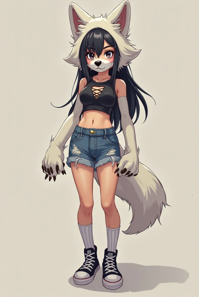 White gradient background，（in a panoramic view：1.2，full bodyesbian：1.2），1个Giant Breast Girl，There is a husky dog next to it，anatomy correct，denim short，small vest，Short shirt，smallunderboob，Dog-shaped headdress，long whitr hair，ssmile，Dog tattoo clothes，White shoes，perfectly proportions，extremelydetailedface，（Best quality at best，high detal，tmasterpiece，offcial art，movie light effect，4K）