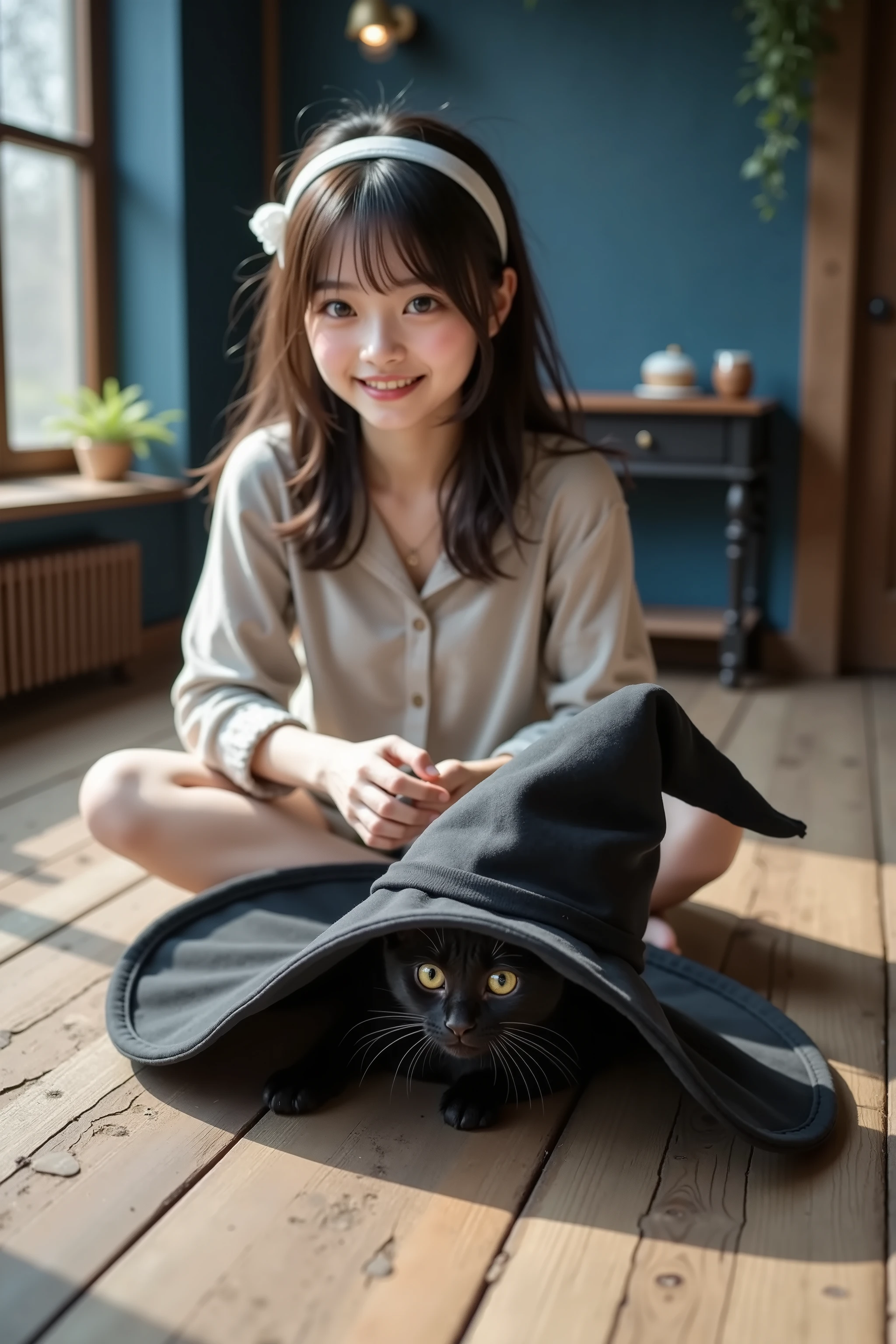 ((Low Angle Shot:1.5)). ((full body shot:1.5)). A witch hat falls on the floor in front、a black kitten is peeking out from under her hat。Behind it, a young woman is sitting on a wooden floor and looking at her kitten with a smile。The scene enhances a serene and meditative mood, suggests a casual, cozy space. Background is blue々 cracked soil , The interior space , It's probably a cafe or home, a warm and cozy atmosphere. the lighting is natural and gentle, flowing out of what looks like a window, creating a serene atmosphere. A variety of organic, calm tones dominate the setting。