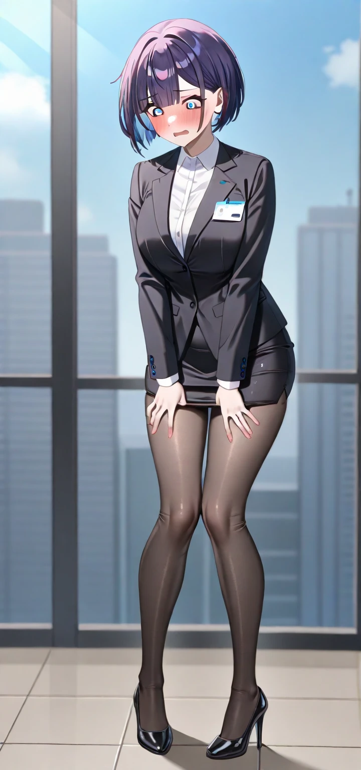 full body photo of a beautiful sexy secretary wearing extremely short skirt and seamed stockings, stands_straight, ((solo)), adult, in the office, high heels, craves, strokes_herself