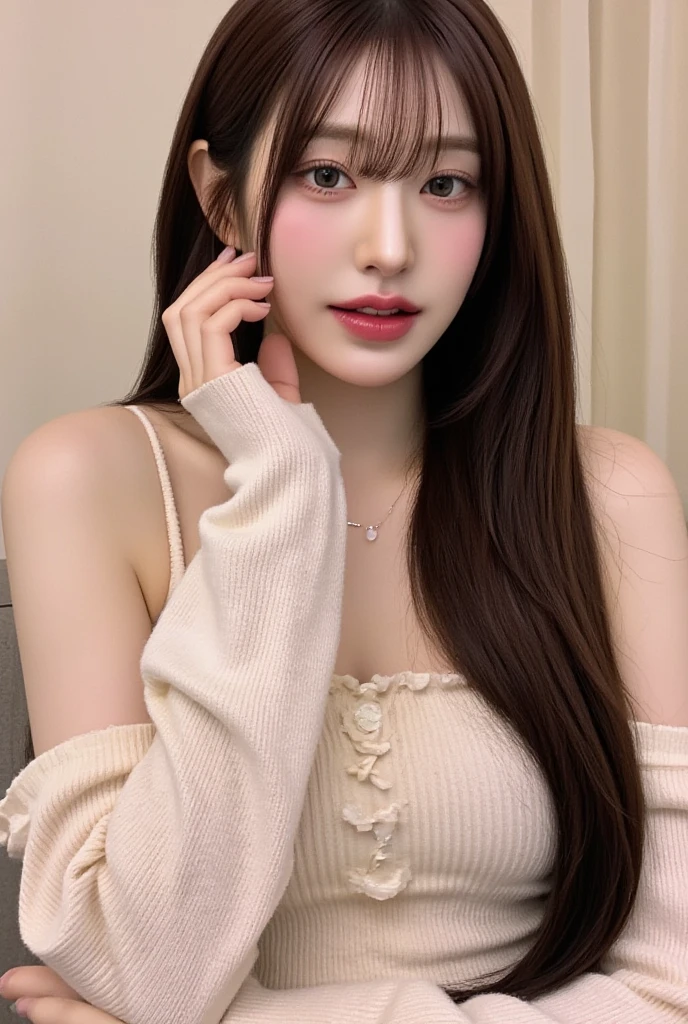 1girl in, age19, Solo, Long hair, Colossal tits, Looking at Viewer, blondehair, Bare shoulders, Brown eyes, jewely, Full body, a necklace, off shoulders, Sweaters, Realistic, A sexy