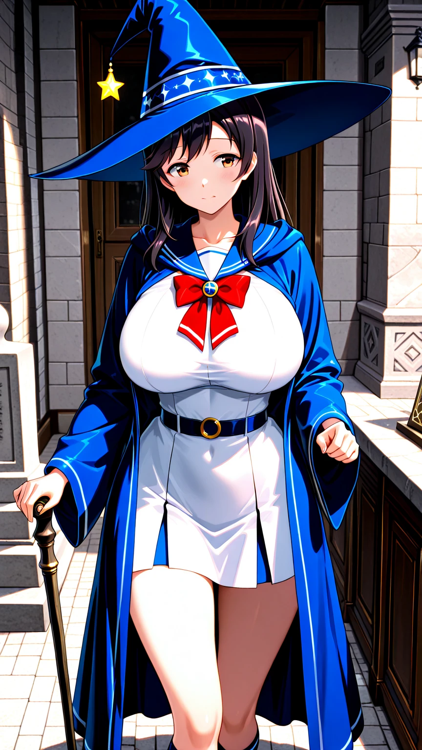 ((masterpiece)), (best quality), official art, extremely detailed CG, unity 8k wallpaper, ultra detailed, 
dcsorc, witch hat, detached sleeves, huge breasts, castle,  sexy pose, 
school uniform, serafuku, white shirt, short sleeves,  white colloar, red collar ribon, navy skirt, miniskirt, pleated skirt, 
 <lora:dcsorceress-nvwls-v1:0.8>