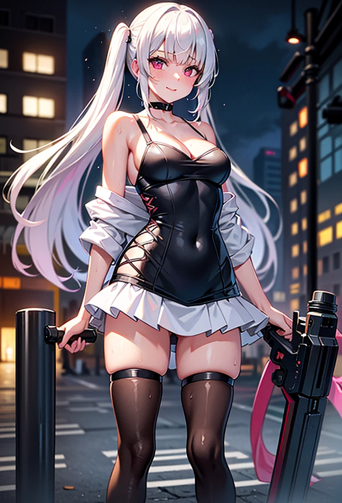 (masterpiece, best quality, detailed), 1girl, solo, nadeko02, long hair, red eyes, white hair, (snake hair, medusa), looking at viewer,
dominatrix, bondage outfit, latex, leather, black corset, thigh boots, spiked collar, corset, breastless clothes, pasties, high heel boots, garter straps, outdoors, alley, industrial pipe, building, urban, power lines, cloudy sky, sign, dark, night, trash can, leaning forward, looking back, from behind, ass, evil smile, nose blush, embarrassed