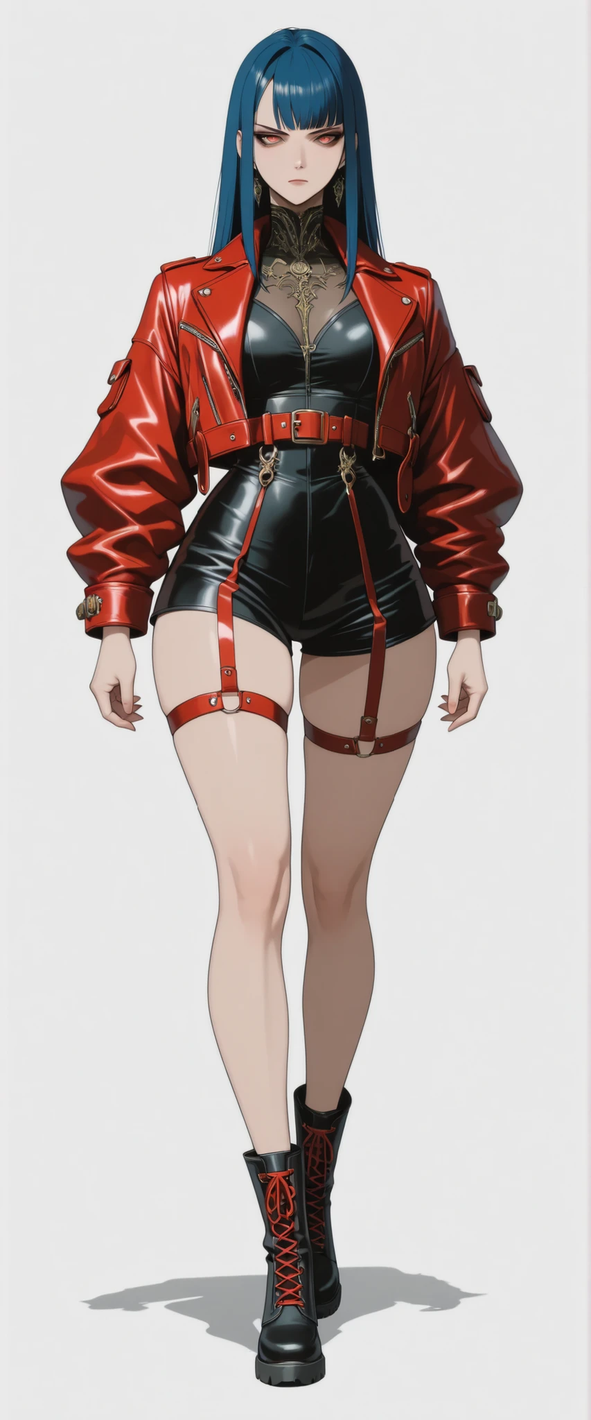 masterpiece, latest, very aesthetic, A very beautiful 28 year old adult woman, sexy body, curves, big legs 'Bayonetta' body style with a mixed-race oriental face, straight hair with two side bangs on the face, cyberpunk style, blue hair and medium length, she is wearing post-apocalyptic cyberpunk style leather clothes, black military clothes, [[Black clothes]] she wears a short red leather jacket with a high collar with a neckline, she has military accessories on her legs, couldres, with some futuristic accessories, steampunk clothes, dark fantasy clothes, [[she is wearing combat boots]], anime features similar to the anime 'Vampire Hunter D Bloodlust', , rossdraws 2.0, high quality image, adult style anime, reminiscent of the anime of the 90s. 3 tones, serious look, high resolution, 3 color tones, cell tone, high contrast, no gradient, FRONT VIEW [[[ SHE IS IN THE FRONT]]] , [[Full body]] [[Image showing her entire body from head to toe]] [[Full body]]] , masterpiece, high resolution, anatomically correct, high quality, anime style drawing 'Fatal Fury', anime style drawing 'blade&soul'. anime lines, rendered in the style of the anime 'Vampire hunter D' [[White background]] [[The image is a character presentation, it shows her from the front and also from the side in the same image]]