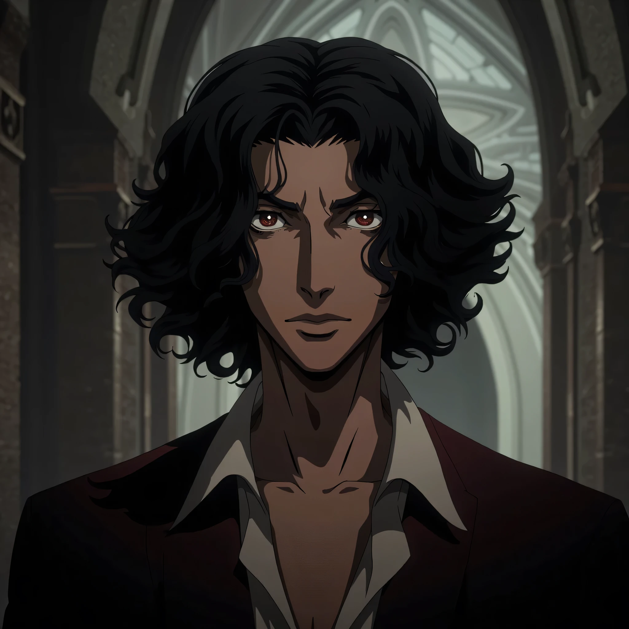 Young Leonardo da vinci in the castlevania nocturne netflix art style, castlevania netflix screenshot, scene from the anime, handsome pretty boy, dark hair and dark eyes, wearing a 1792 french revolution style shirt, slightly unbuttoned, masterpiece, very detailed, 8k, detailed hair and eyes, young, androgynous, pretty, curly hair, clean shaven face, vampire