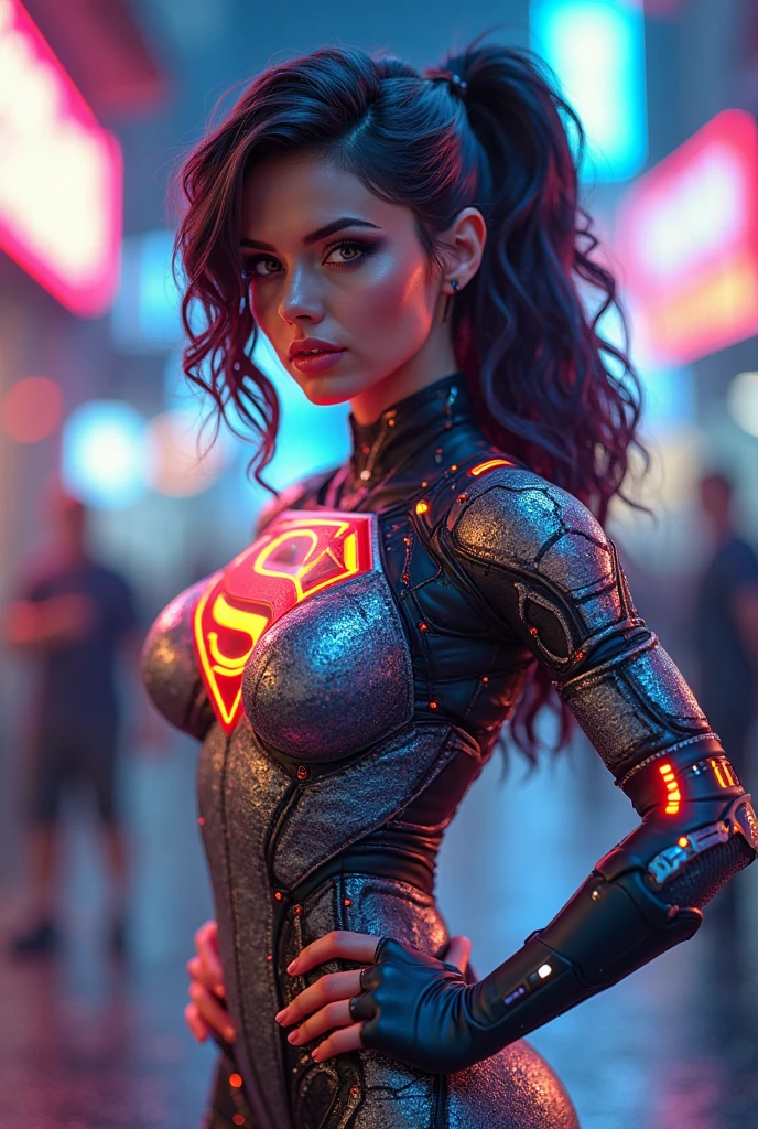 Supergirl 27 years old, ((( Taylor Swift:Emma Stone:0.7))) Beautiful woman (((shoulder length wavy brunette hair))) (bangs:1.2) ((red cyberpunk style futuristic armor)) defined body, Red lipstick, smiling, hands free, standing, high tech cyberpunk city rooftop, night, (huge_breasts:1.4) (curvy:1.3)(chubby:1.1)