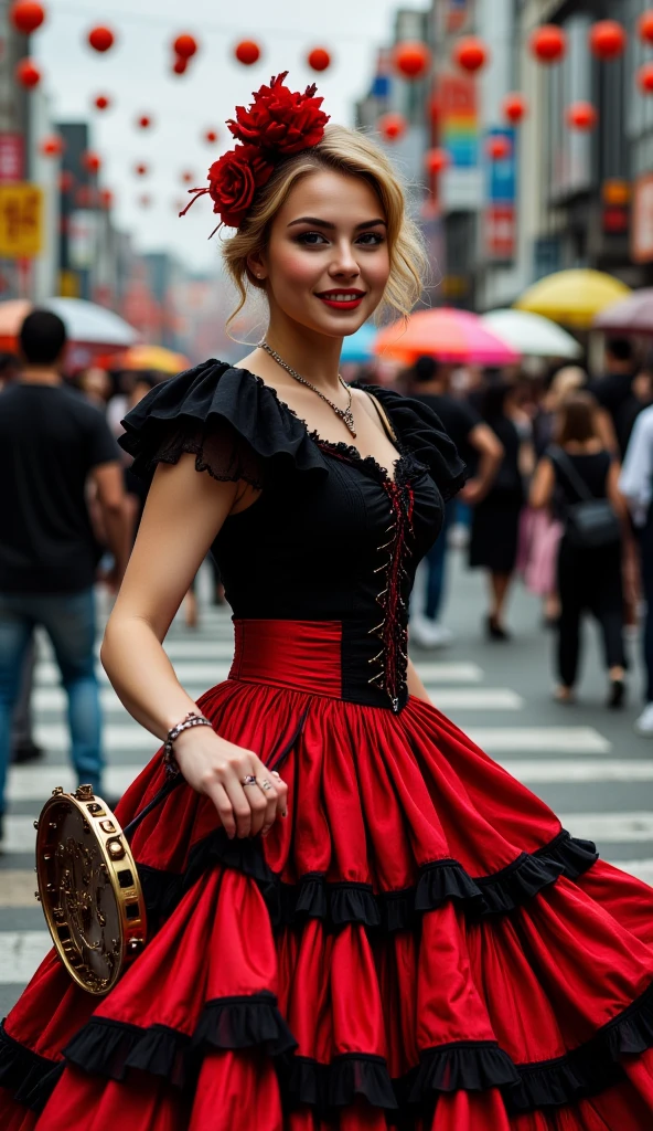 (medium full shot) of (dazzling French cancan dancer) young woman, native american, tan skin, dark green eyes, Medium build, medium dark double braids hair, wearing a red tiered cancan dress, fishnet stockings, lace-up shoes, bold red lipstick, jeweled bracelet, frilly garter, set in a vibrant street scene in Paris, with market stalls, musicians playing, and people dancingduring night, woman smiling, ,Masterpiece,best quality, photo, realistic, very aesthetic, detailed face,