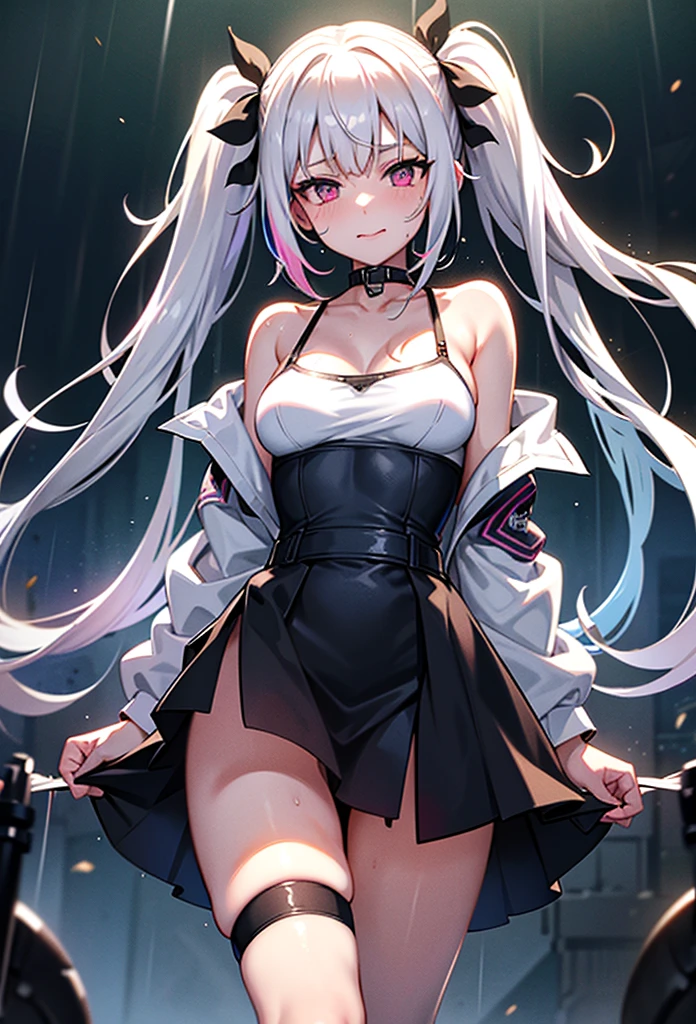 Highest quality、Highest quality、Masterpiece、girl((20-year-old、as soon as、Highest Bust、Medium Bust、Wide open chest、Red glowing eyes、Light Silver Hair、Shortcuts、Loincloth、thin、The best valley、Open chest、Full body view、Tank top、White see-through、White Skirt、Smile、Leaning forward greatly,Perforated gloves、A tense face、Red headphones))、high quality、Beautiful Art、background((Live Performance Venues、Party、Dance Club))、flight、Flying Debris、Depth of text、movie、Visual Arts、Perfect Art、8K、Genuine、