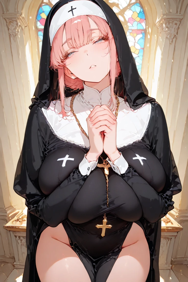 (Best quality, 8K, Masterpiece:1.3, 1girl, Beautiful girl), cute, Dynamism, Detailed face, Detailed skin, detailed clothes, Detailed eyes, Detailed lips, Detailed tongue, Detailed fingers, Detailed mouth, Photorealistic, Raw photo, highres, hight resolution, Natural lighting, dynamic pose, perfect anatomy, toned legs, double eyelids, tear bags, round eyes, moist lips, sweaty, (nun, gothic nun costumes, (lace blindfold), sticking tongue out, drooling), cross motif, cross, breasts, masturbation, pink hair, cum on tongue, panty pull down, skirt, grabbing breasts herself, nsfw, ecstatic face, kneeling, fellatio gesture
