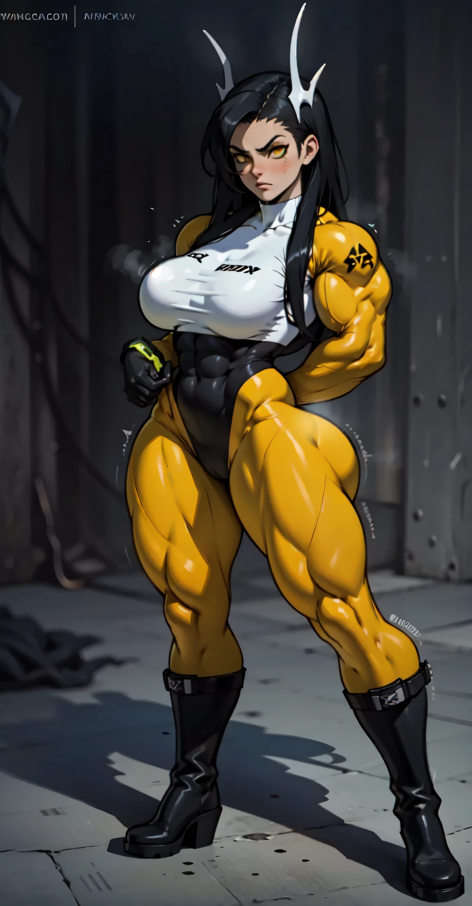 Generate an illustration of a mature Jade Cargill, ((wwe)), silver hair , (black skin), de terno preto, (black bra:1.3), short hair, hair combed back, (gigantic breasts:1.3), in anime format with a serious style, (neon green unitard), ((warm lighting)), black boots, gothic make up, masterpiece, ((dark lighting)), black background, (puffy lips),((slendered abs)), beautiful face,