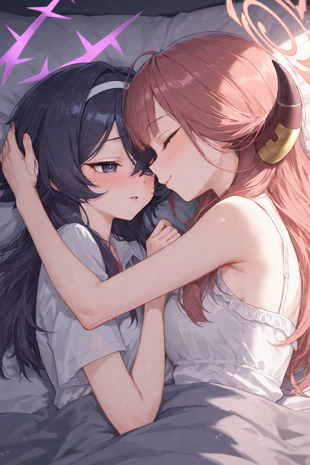 ((Best quality, A high resolution, Masterpiece:1.2)), (Romantic), (couple:1) ,(Clear facial features), ((Best quality, A high resolution)) ,(Clear facial features), a couple kissing on a bed with a white sheet, a male and female kiss, kissing together cutely, kissing together, lovely kiss, kiss mouth to mouth, kissing each other, embrace, landscape
