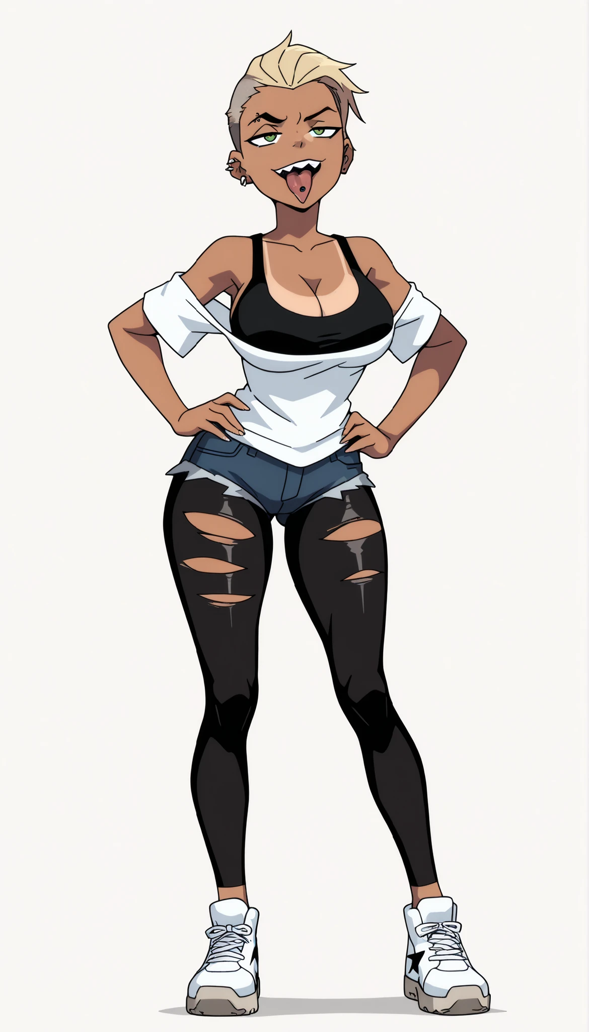 1girl, solo, Thighs Gap, Knee gap, gluteal fold, Anckle Gap, athletic body, full body:1.5, (High Quality), Standing, Simple Background, Light Gray Background, Simple Light Gray Background, Gyaru girl, tomboy Gyaru, Gyaru Heisei, tomboy Gyaru Heisei, Blonde hair, very short hair, straight hair, sidecut, hair pulled back, green eyes, brown skin, dark complexion, tan, tanned complexion, large breasts, hips, thighs, wide calves, ripped tight leggings, black skinny leggings, denim shorts, ripped denim shorts, sleeveless skinny tank top, sleeveless black tank top, black tank top, sleeveless tank top, Pierced eyebrow, pierced ears, pierced chin, pierced tongue, Tongue sticking out, shark teeth, upper teeth, Droppy Eyes, serious look, smug, Loose cropped white t-shirt, loose cropped off-the-shoulder t-shirt, exposed shoulders, off-the-shoulder white shirt, cropped white shirt, loose off-the-shoulder shirt, Midrift, white sneakers,