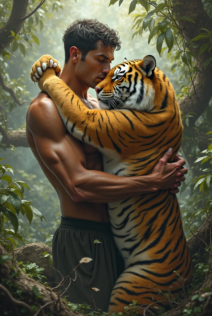 Handsome muscular reddish furry tiger erect penis white testicules. Kiss male human male. Chest hair . Forest