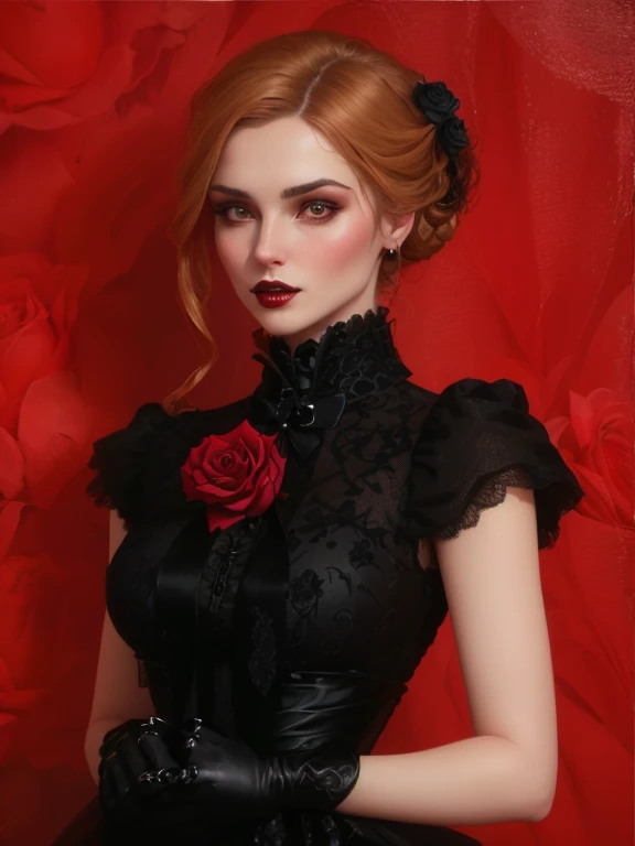 4K, Masterpiece, highres, absurdres,photorealistic, edg_choker, a woman wearing a black dress and a red rose choker , edg_choker around the neck,cowboy shot, <lora:edg_choker:0.7>