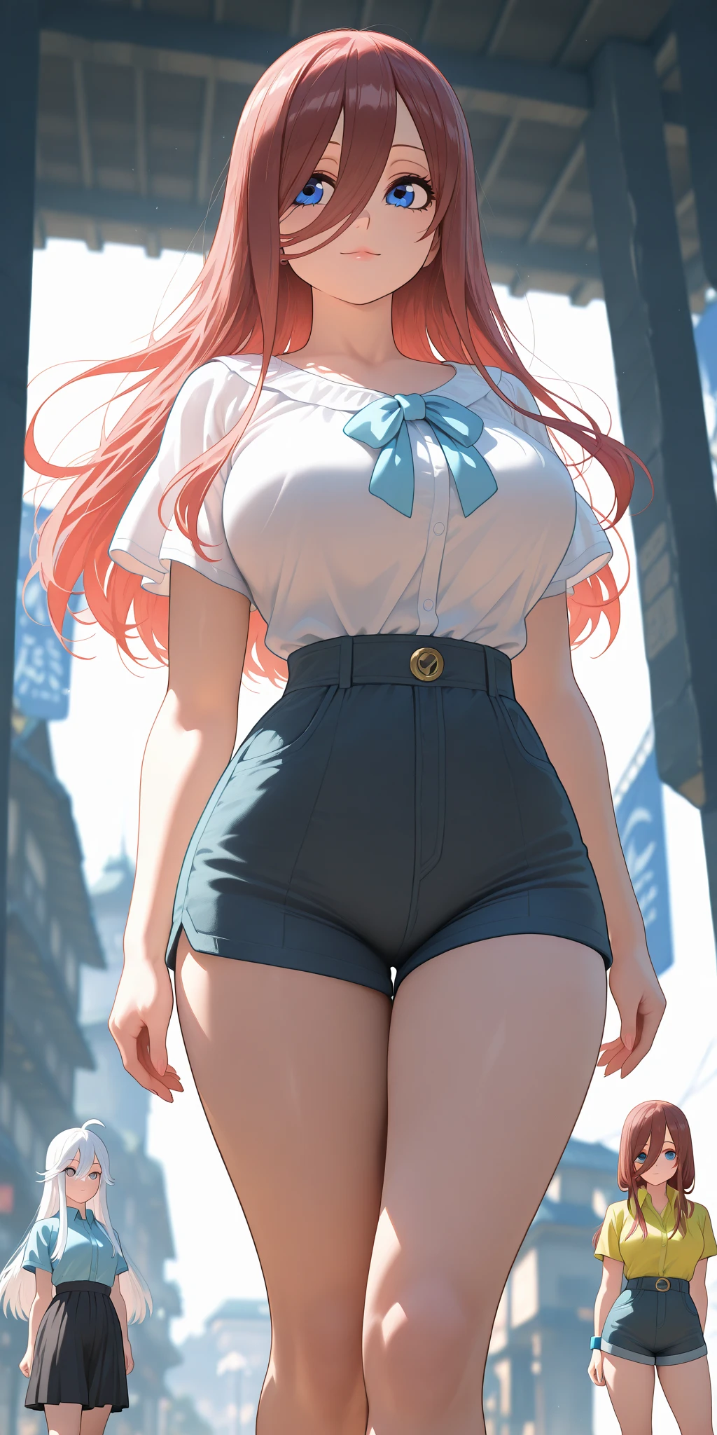 fantastic realism,The female giant bravely enters the Lilliputian country,高度Detailed footage of the giantess,Detailed footage of the giantess,giantess art,schoolgirl,Short sleeve,(((many villains,at work)))