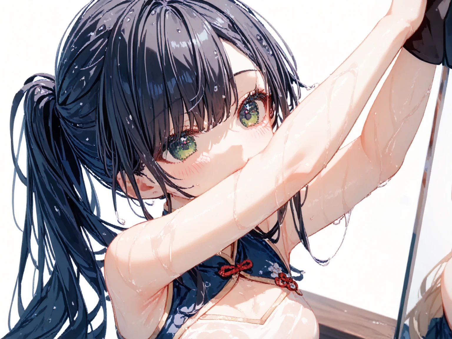 best quality, amazing quality, very aesthetic, absurdres, (1girl, aris, blue archive, solo, blue eyes), (realistic face:0.9),(string bikini:1.8), (grin, blush, thigh:1.3), (cowboy shot), (glowing eyes), (half closed eyes:0.9), (ass), (official art:1.3), (pool), expressive eyes, perfect face, extremely detailed eyes, perfect anatomy, smooth skin, (black background:1.5), clear eyes, beautiful face, small breasts, (anime style:1.7), (Warm Light:1.5), (highres:2), (Chiaroscuro),