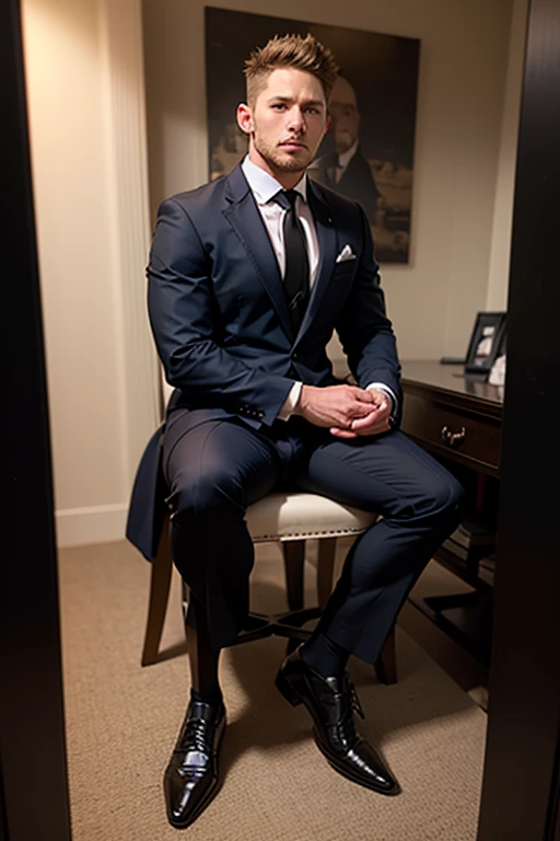 Young man, male, wearing a navy suit, sitting on a chair, Japanese, thick thighs, large thighs, bulging crotch, plump thighs, full crotch, muscular, heavy crotch, angle from below, tight navy suit