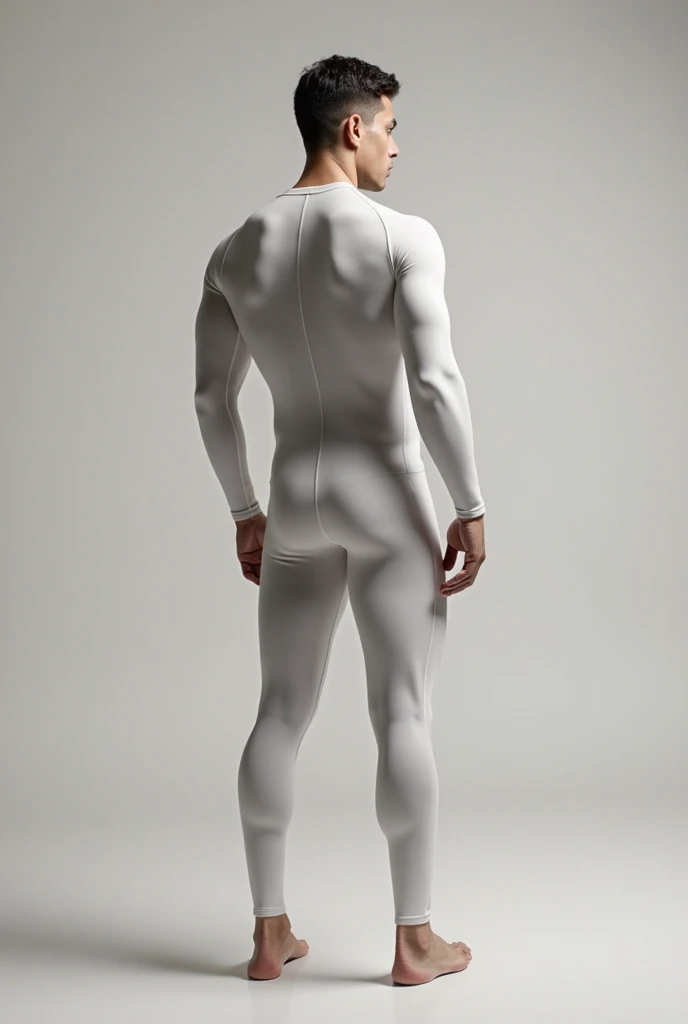 Young Latino male, 15 years old, shirtless, military haircut, black hair, brown eyes, intense look, affiliated features, no facial hair, height 1.80, weight 65 kilos, aesthetic build, dressed in white lycra pants, black military boots, full body, in the living room, of an apartment