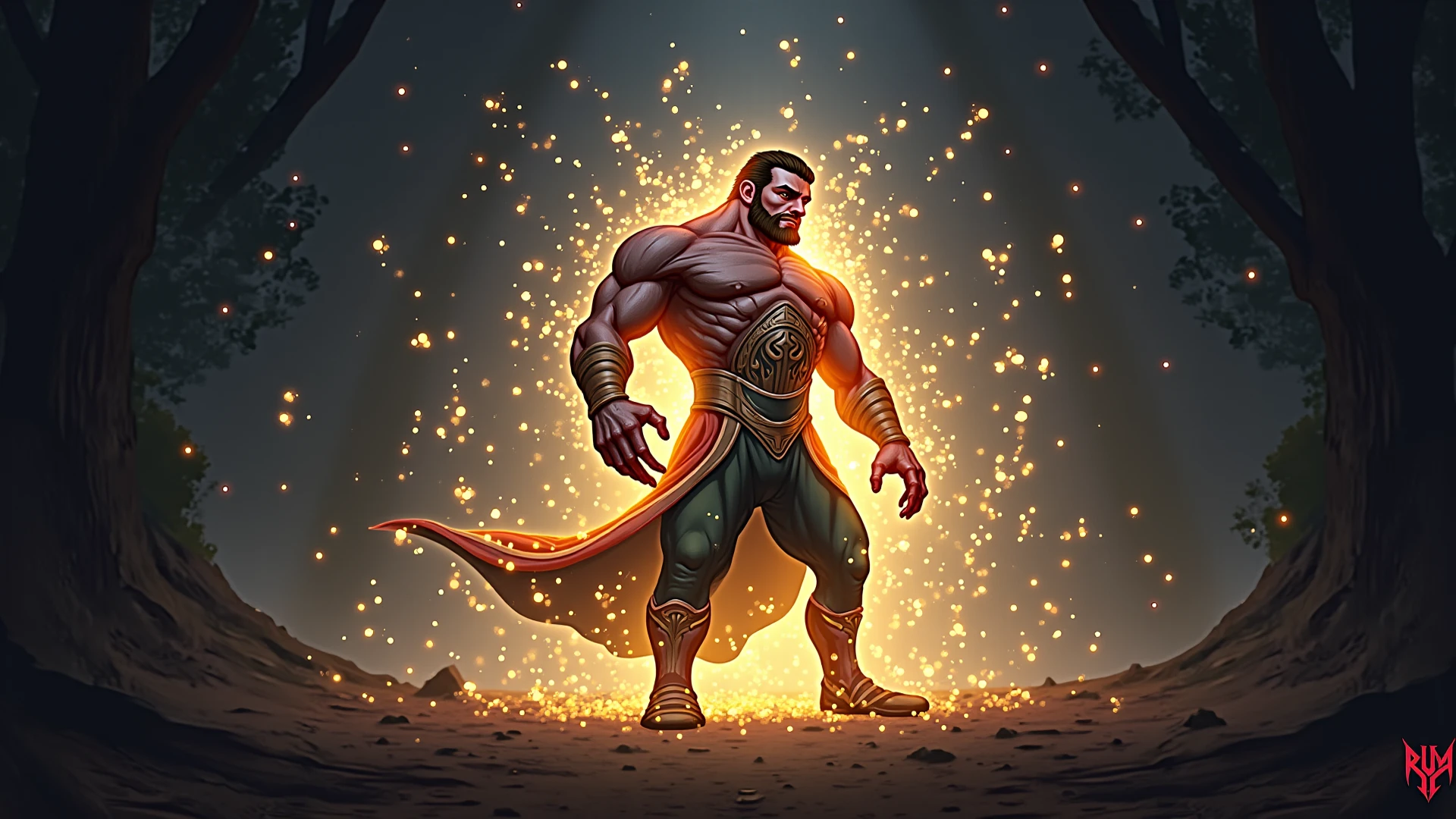 The Egyptian deity Bes, the patron of the family and the hearth, depicted as a grinning ugly bearded dwarf fighting Superman wearing a scarlet red tunic, dramatic lighting, digital art, highly detailed, incredible quality, intricate, trending on Artstation