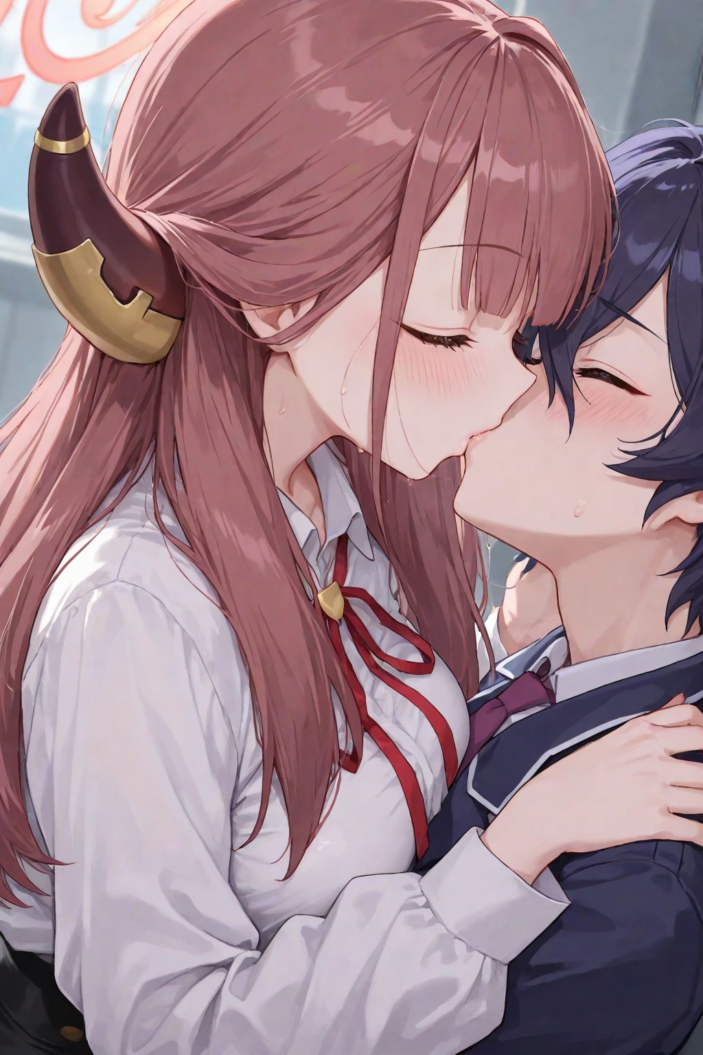 Cheerleader, demon horns, kissing while giving handjob, seductive smile , red eyes, in classroom, mind control