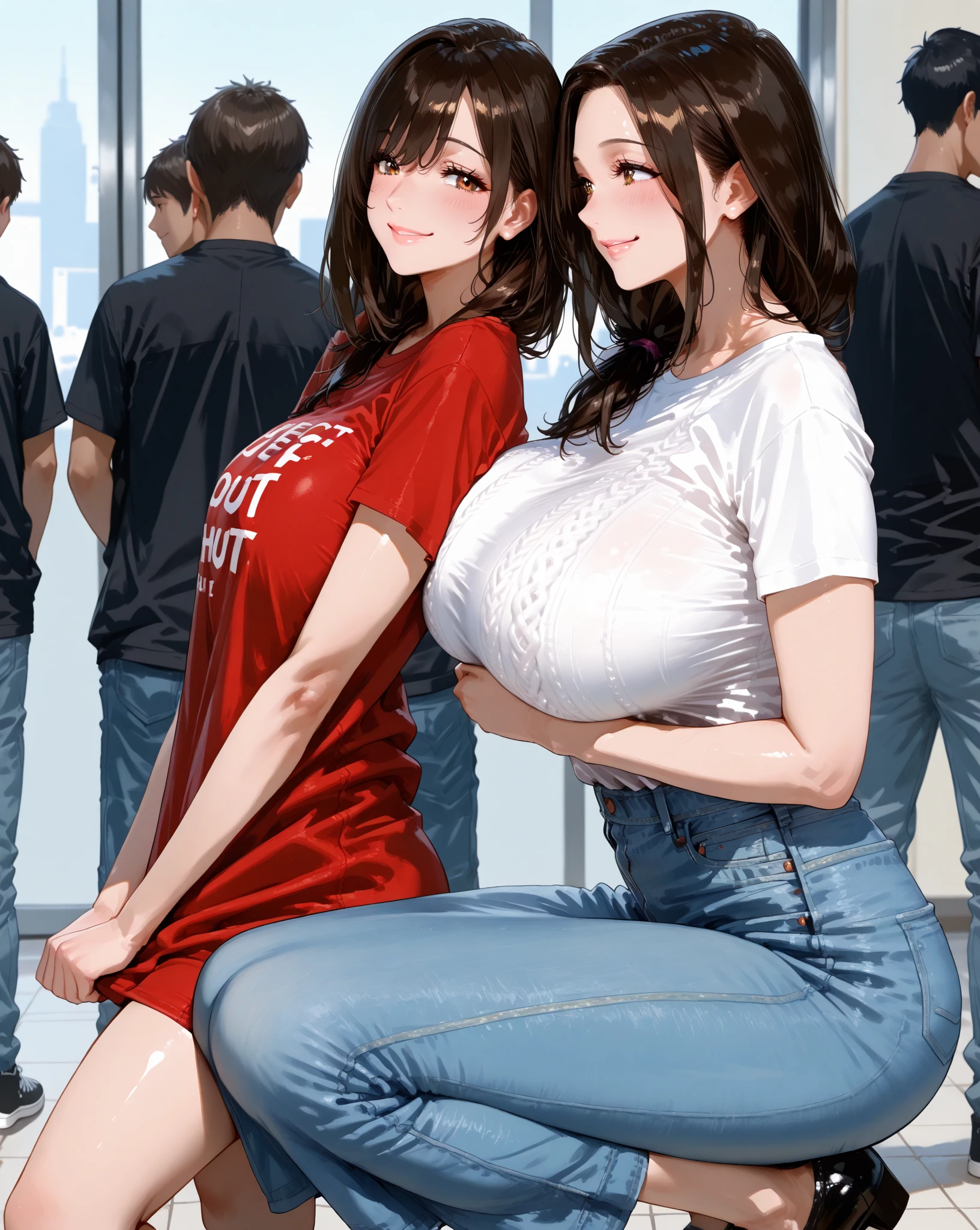 masterpiece, best quality, child, sisters, siblings, age difference:1.4, 2girls, size difference, height difference, (1girl, older girl, onee-san, big sister, parted lips:1.2, sharp eyelashes, thick lips:1.4, medium hair, light brown hair, grey eyes, black shirt:1.4, long sleeves, pants, denim, tight shirt, see-through, big breasts, narrow waist, wide hips), (1girl, very short hair, brown hair, brown eyes, red shirt, short sleeves, black shorts), indoors