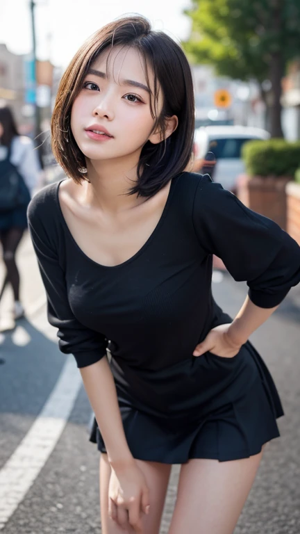the Extremely Detailed CG Unity 8K Wallpapers、top-quality、ultra-detailliert、masterpiece、realisitic、Photo Real、extremely detailed cute girl、20yr old、((skirt lift by yourself)))、(Lifted by yourself)、panties on、panties focus、red blush、cparted lips、looking at the viewers、Semi-body shot、(Large crowds)、(Crowded museums)、Short bob cut,Black lace underwear
