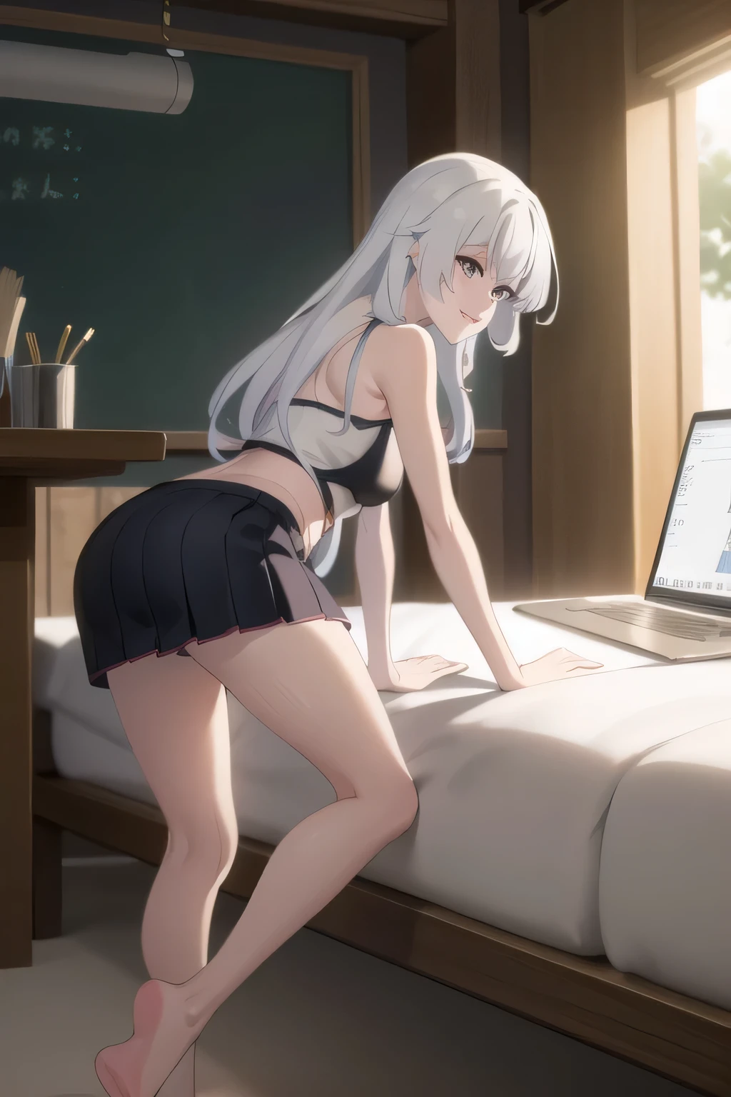 can you draw a witch using the internet?,can you draw a witch who operates a computer or smartphone?,Laugh in bed {X} draw a more delicate expression,A woman with a lovely smile,I'm a retired witch,can you draw a dark blue pleated miniskirt more delicately,look at me on the bed,Long silver-haired woman,can you draw a witch costume,Let's draw a more delicate expression,A woman with a lovely smileを描けますか,I'm in the woods, Long-haired woman with dark hair ,Draw a woman interacting with spirits,,Jungle lakeside,face is abSolutely necessary,accurately depict her hands and feet,floating,Can you draw an aura from a woman,she prioritizes facial expressions, So、don't fix my face,look back at the blackboard and draw a picture,beautiful legs,miniskirt,