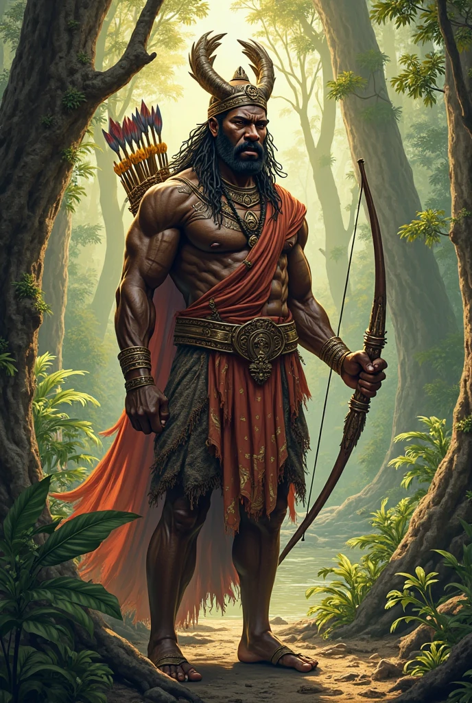 Male Orisha Oxossi of Afro religion with bow and arrow in hand in green and yellow clothing and hat Àkẹtẹ̀ awọ in the forest hunting strong hunter