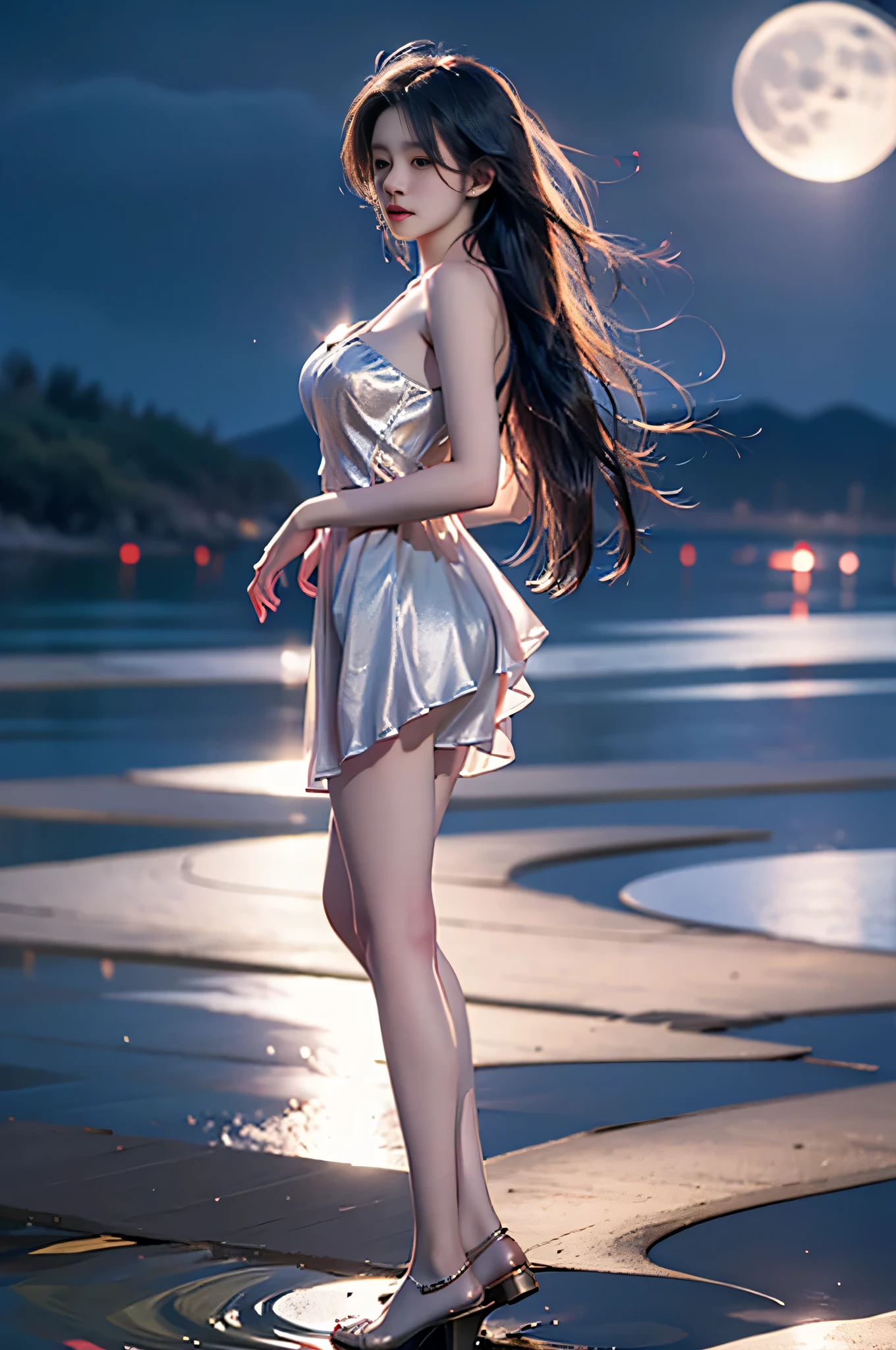 Outdoor rooftop, deep in the night, starrysky, in a panoramic view, scenecy, squat on the roof,Telephoto photography,depth of fields,shot with sony alpha 1 camera,in a beachfront environment,in the night time,in the night time,overlooking a modern city,Shoot media from behind,32K,Realistis,hyper realisitc,(8K)