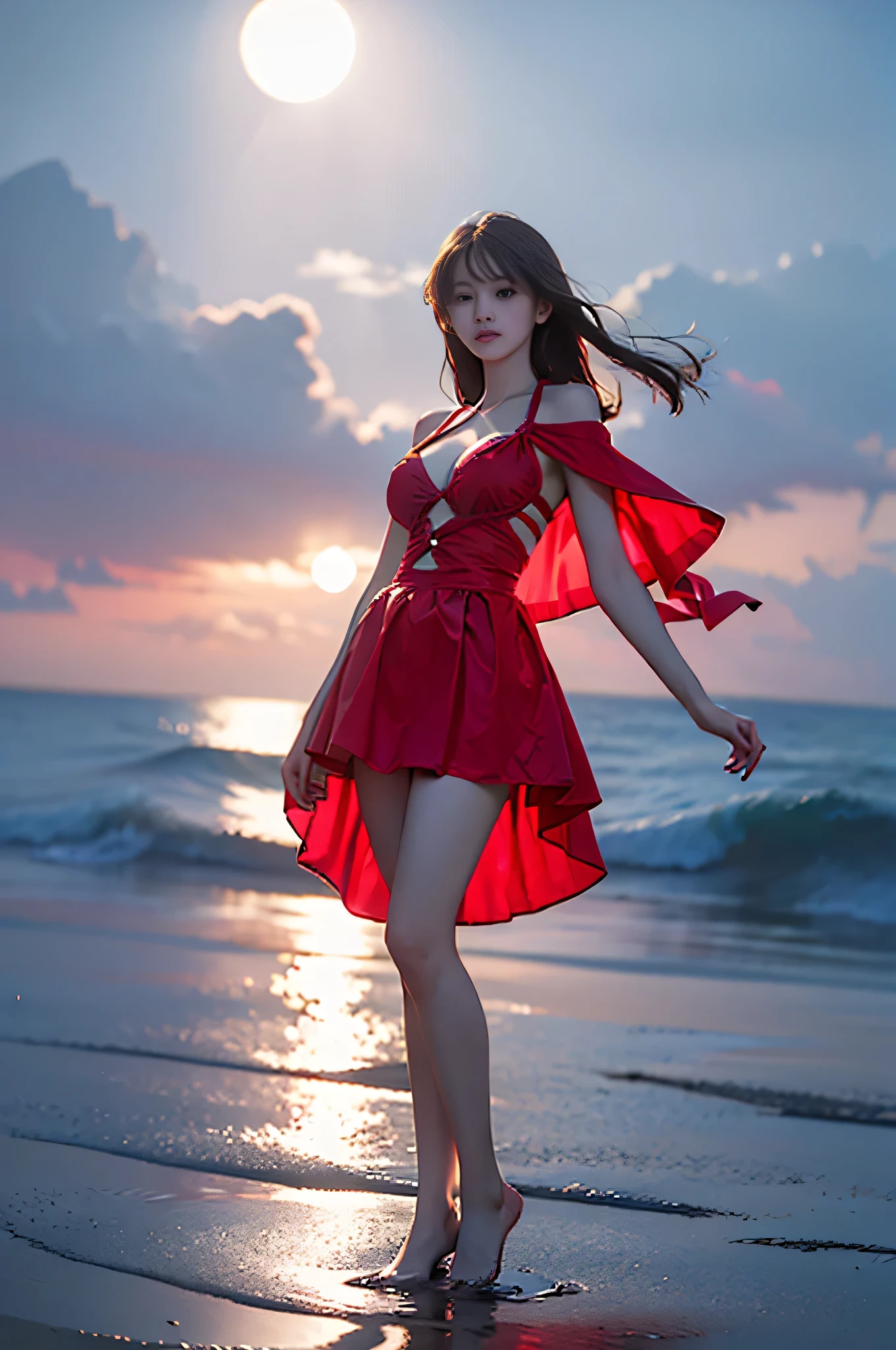 tutututu, red skirt, medium breasts, red hooded capelet, bandage, bdsm,coverednipples, ,,((full body, from below)), (masterpiece, best quality, ultra-detailed, 8k), realistic, a beautiful sexy long-legged model on a tropical beach, (I-type Valley), (Full breasts, visible cleavage, very short skirt hem, exposed shoulders), (Tyndall Effect), (At night,:1.3 moonlight:1.3), standing in shallow water, one hand playfully lifting her hair, the other gently raising the hem of her flowing summer dress, seductive pose, perfect and symmetrical leg anatomy, glistening water, soft natural lighting, (wind blowing gently:1.1), (ambient lighting:1.2), bokeh, cinematic shot, dynamic angle, professional photography, shallow depth of field, sharp focus, vibrant colors, (slightly tanned skin:1.1), (natural makeup:1.1), (delicate features:1.1), (ocean waves gently lapping at her feet:1.1)