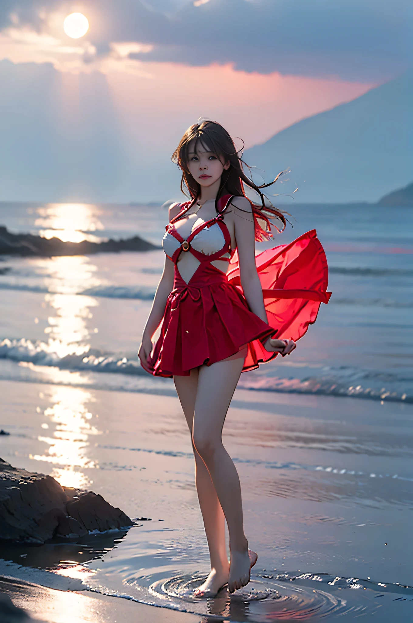 Douluo Continent Xiaowu playing in the water by the sea,Pink the bikini,8K,Image quality,Morning