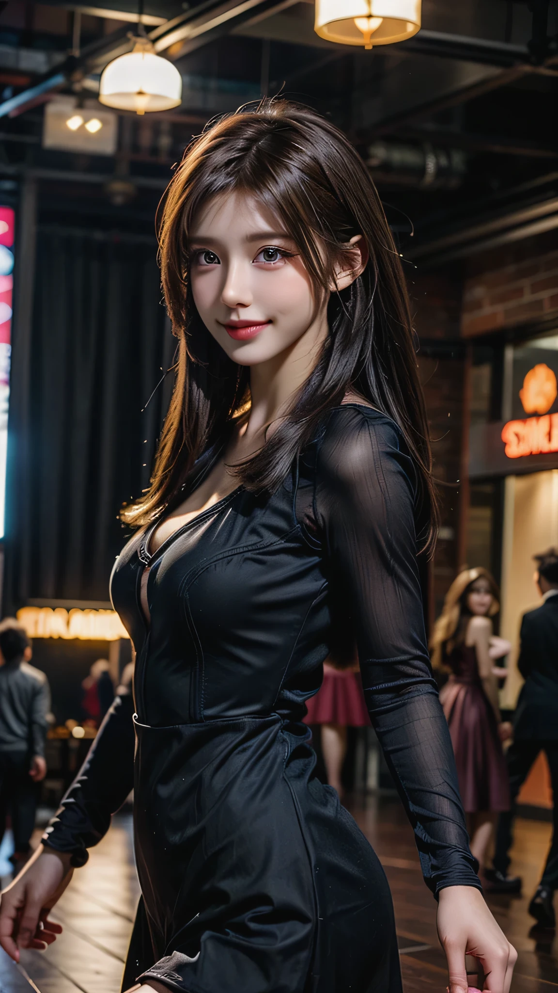 8k, masterpiece, RAW photo, best quality, photorealistic, extremely detailed CG unity 8k wallpaper, Depth of field, Cinematic Light, Lens Flare, Ray tracing, (extremely beautiful face, beautiful lips, beautiful eyes), intricate detail face, ((ultra detailed skin)) 1girl, in the dark, deep shadow, pretty korean girl, kpop idol,(very slim slender fit-muscled body:1.3), ((looking at viewer)),(big smile:1.3), (tight mini dress), (shot sleeve) , (fashion city night, (neon sign), (big building), fashion street night),(no people), (without people in the background:1.3), pretty korean girl, white diamond earrings, dia bracelets, dia necklace, pantyhose, clear eyes, walking , front shot, (pale skin), face forward, (big eyes), ((upper body shot)), ((silk Laced)), ((black color dress:1.3)), (brown hairs) (looking at viewer:1.3), (see through), (laced panty), open breast, medium breasts, have a sheen nipples