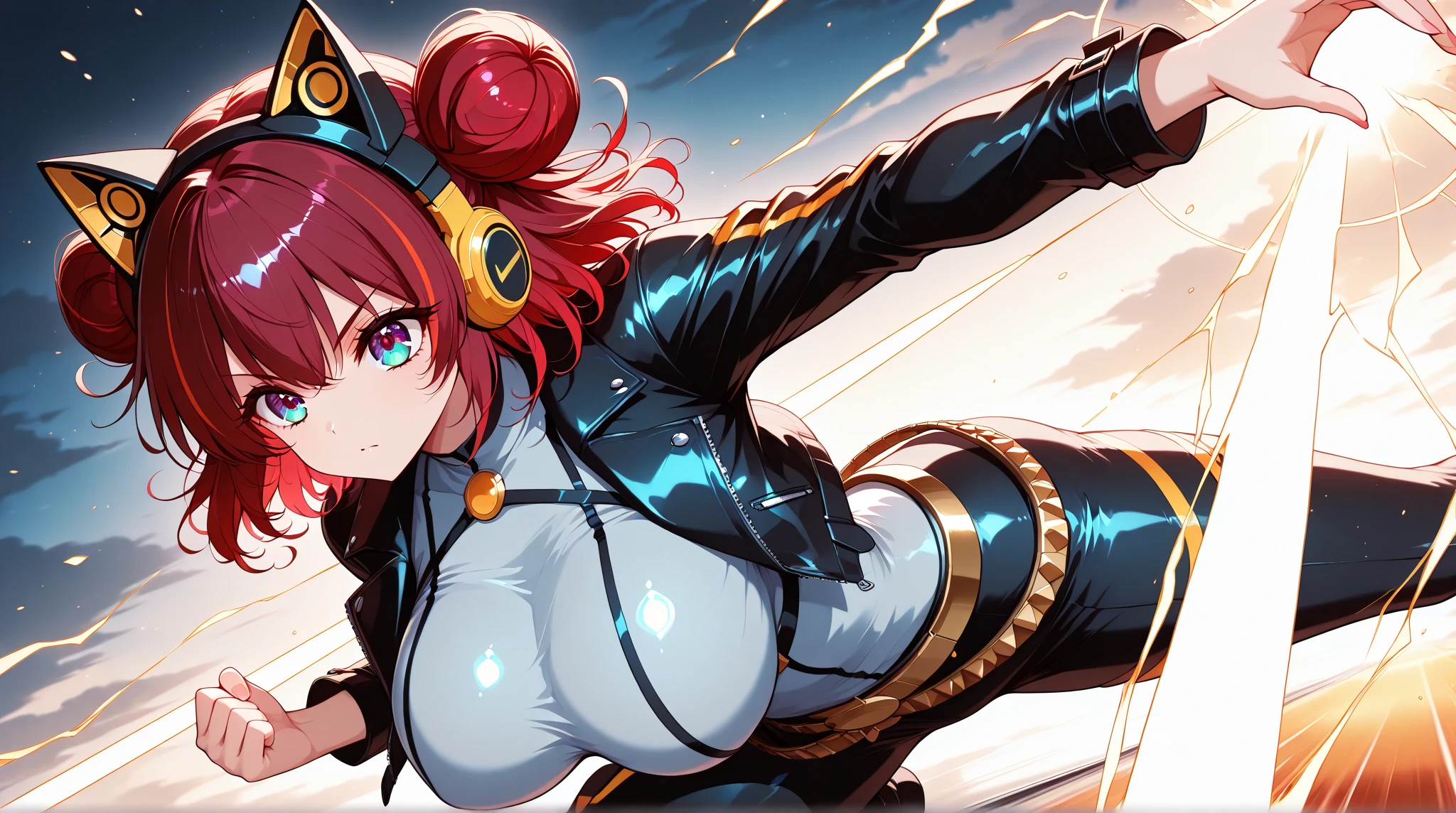 8k_wallpaper, extremely detailed eyes, extremely detailed body, (large masterpiece digital art), (detailed manga illustration), (detailed line art), ((perfect anatomy)), (intricate details:1.3), (ultra-detailed:1.3), (illustration:1.3), (sharp focus:1.3), (natural lighting:1.05), (vivid colors:1.3), (masterpiece), (best quality:1.4), (perfect anatomy:1.4), high quality, expressive eyes, full body, detailed face, beautiful face, perfect face, 1 girl, breasts, cleavage, gloves, huge breasts, cyberpunk clothes, jacket, black jacket, very long hair, thigh length hair, ({dark skin}), dark-skinned female ,detailed ((red hair)), messy hair, green eyes, hourglass physique, bodysuit, ultramarine bodysuit, sleeveless, shorts, thick thighs, toned, captain marvel emblem, emblem, superhero, dynamic lighting. dynamic heroic pose, smiling, outer space background, curvy,