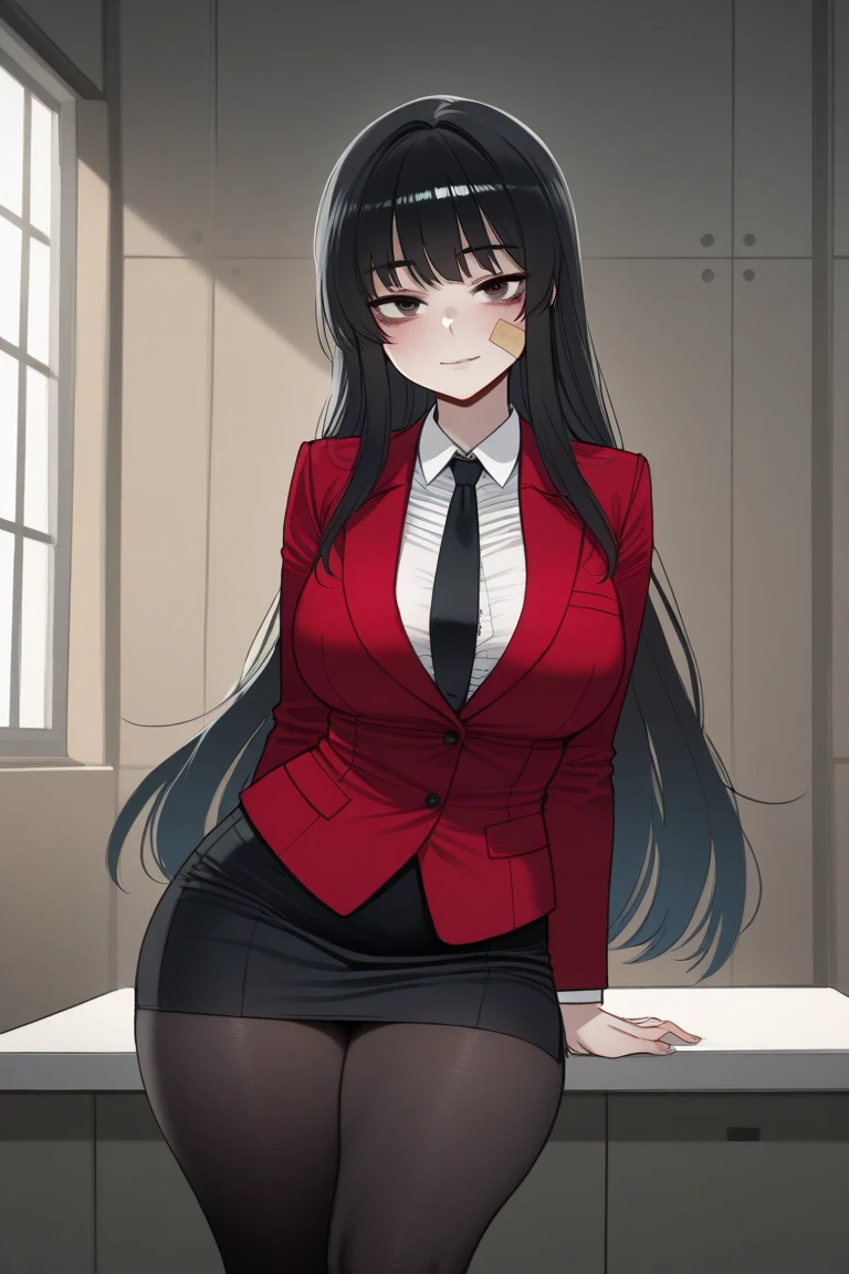 1 girl,black long hair,large breasts,red eyes,wide hips,curvy,glasses,black suit,miniskirt,tights,holding a folder with her right hand,entrance