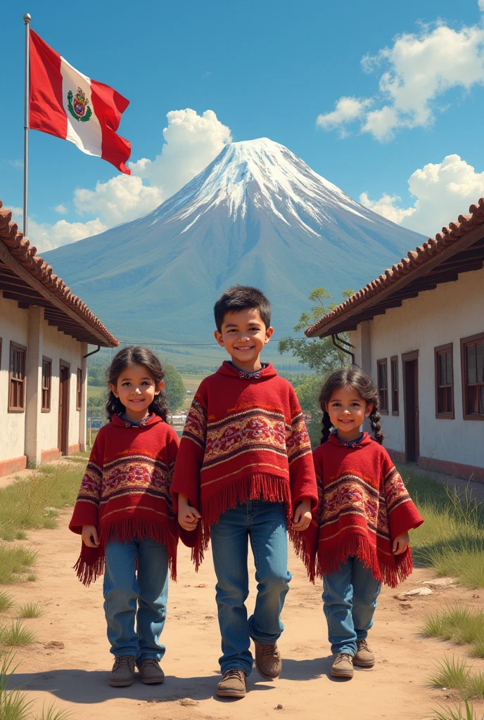 A 4-year-old girl walking very happily, a 30 years old Peruvian man holding hand with her left hand, and a beauty 25 years old woman hand with her right hand, casual clothes, very expressive gesture in face, clean dark hair. natural white lights, behind can see a peruvian flags. (((stock photography style:1.2)))